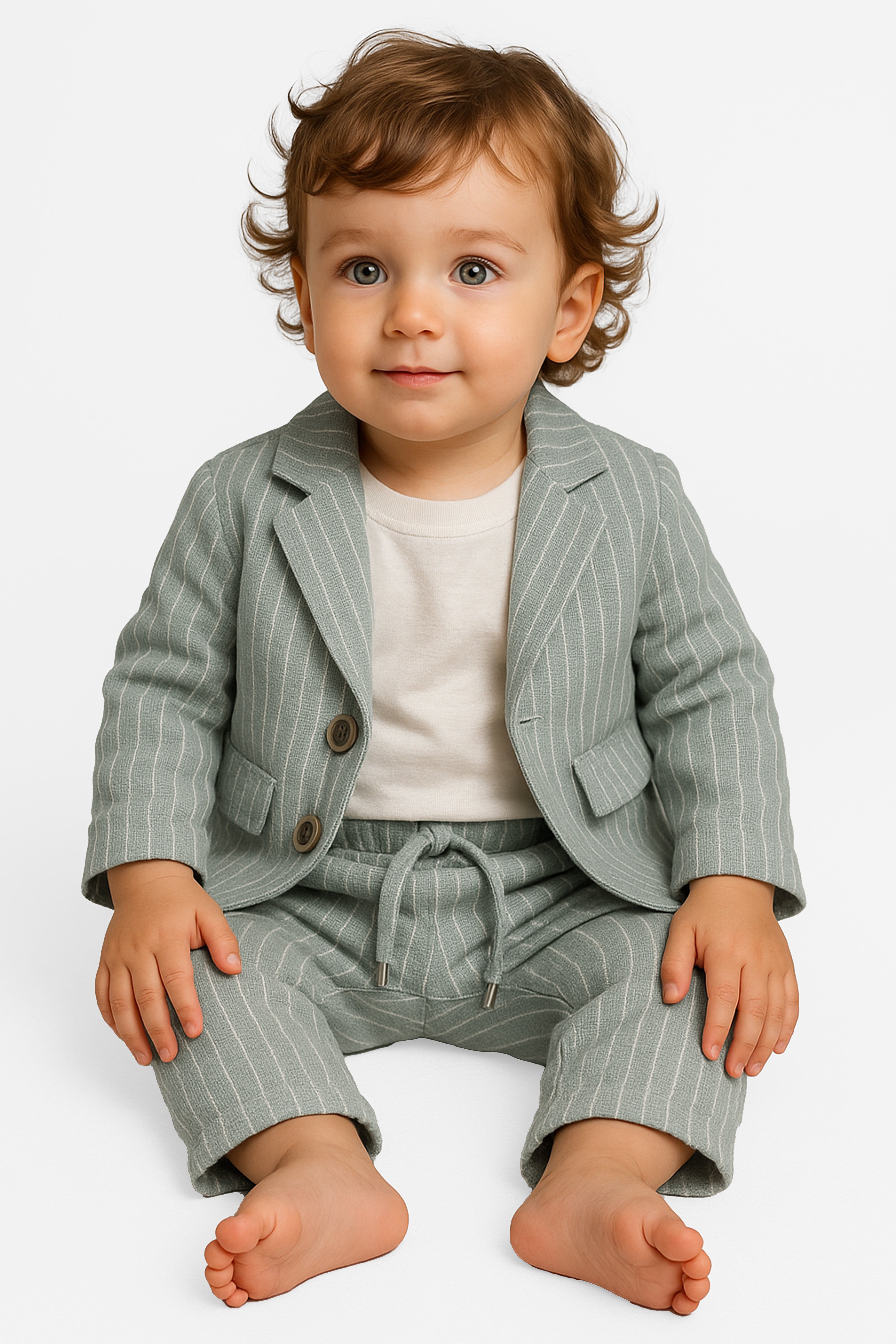 Baby Boys’ Cotton-Linen 3-Piece Pinstripe Suit - SALAS - Sage Green Model Picture