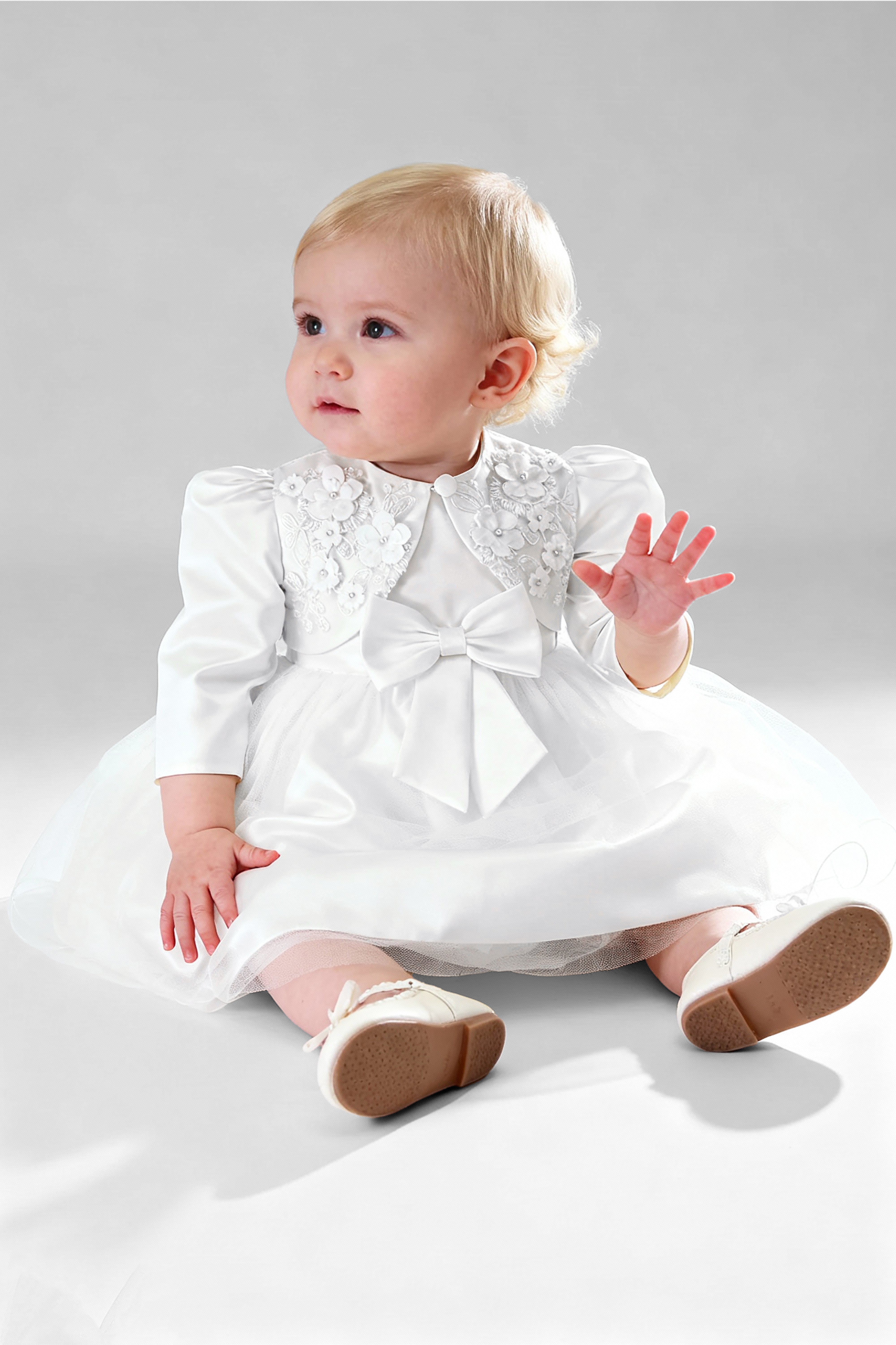 Baby Girl Sleeveless Dress with Floral Bolero - B1176 - White Model Picture