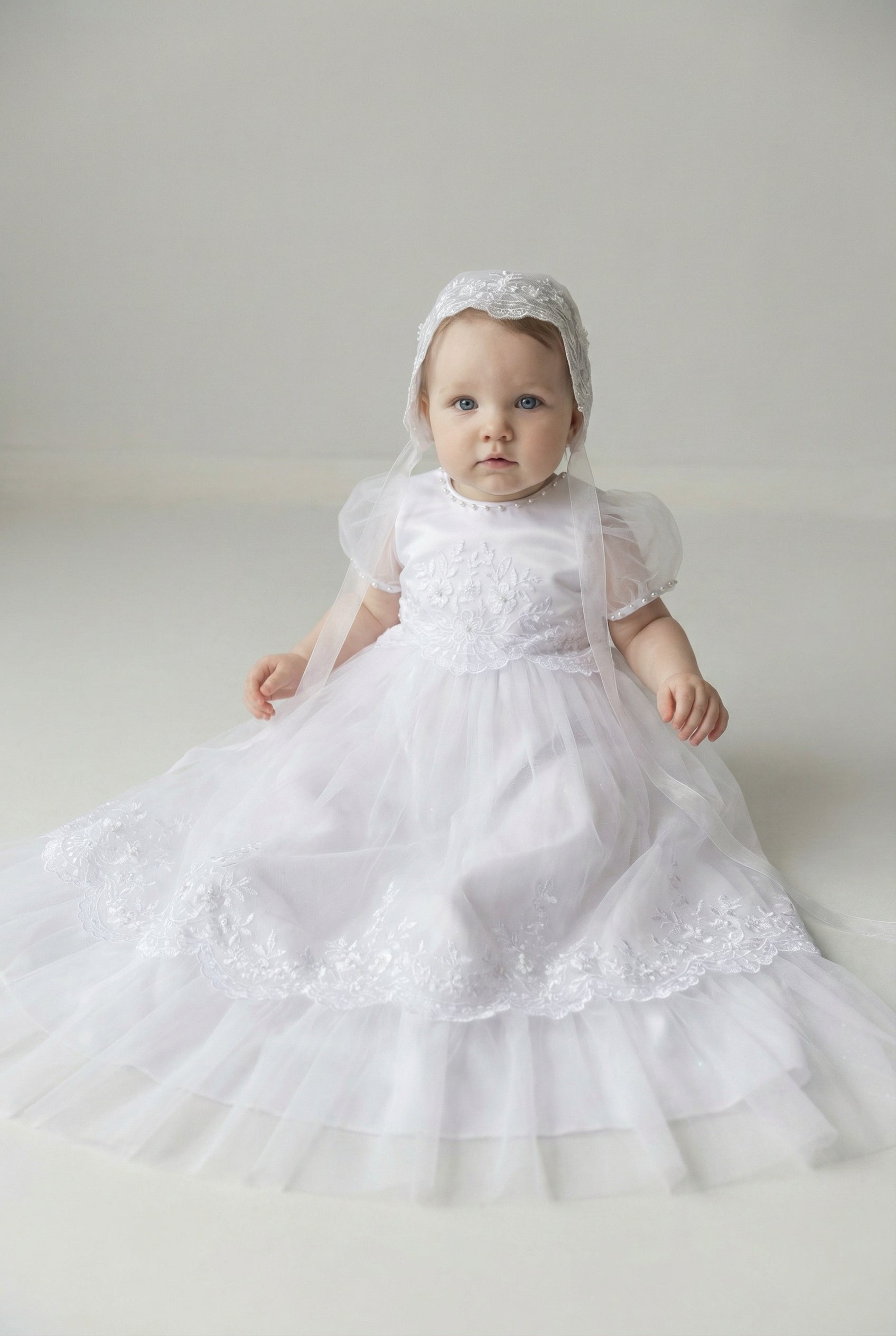 Baby Girls Embroidered Bodice Baptism Dress & Bonnet Set - White