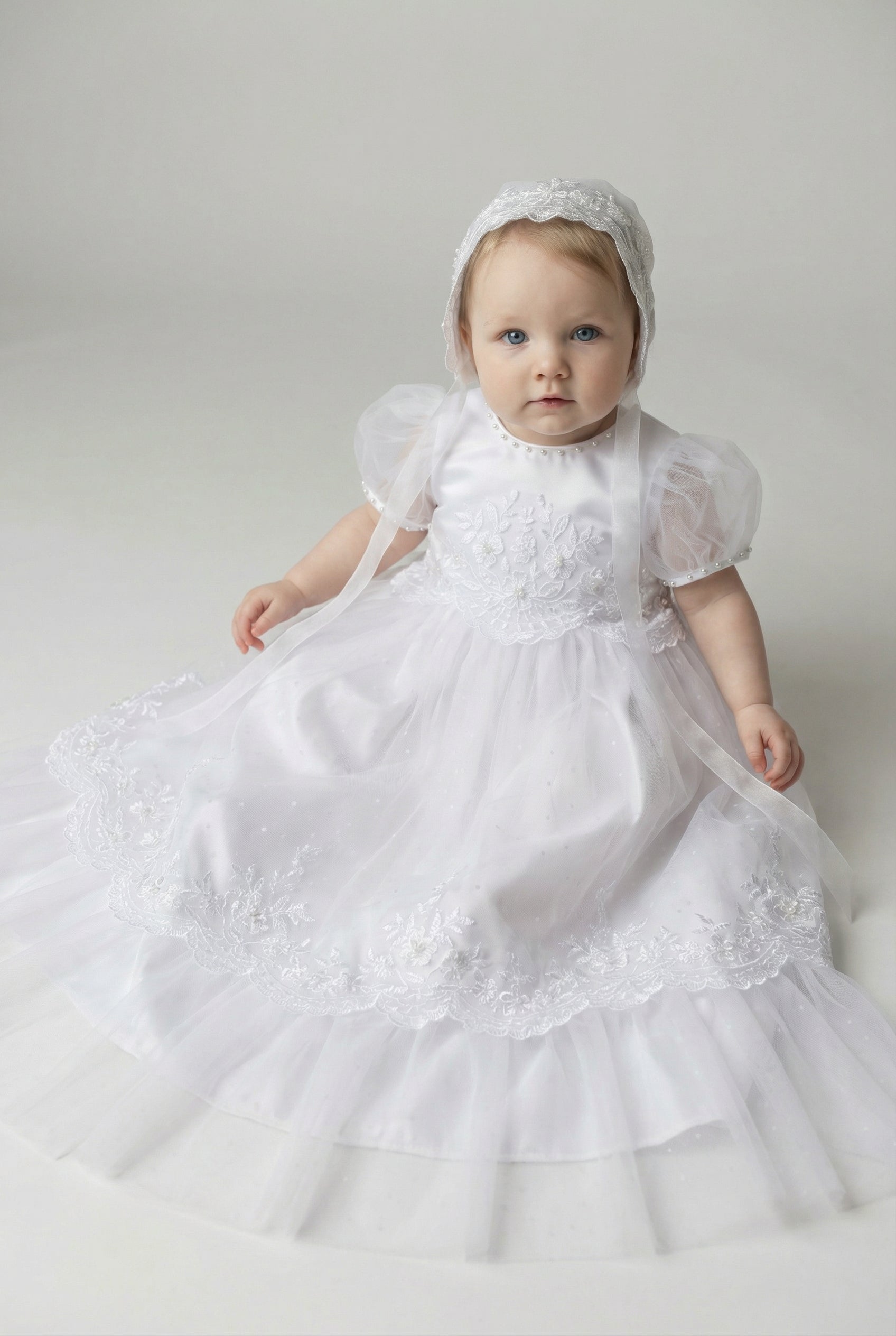 Baby Girls Embroidered Bodice Baptism Dress & Bonnet Set - White Model Front Picture