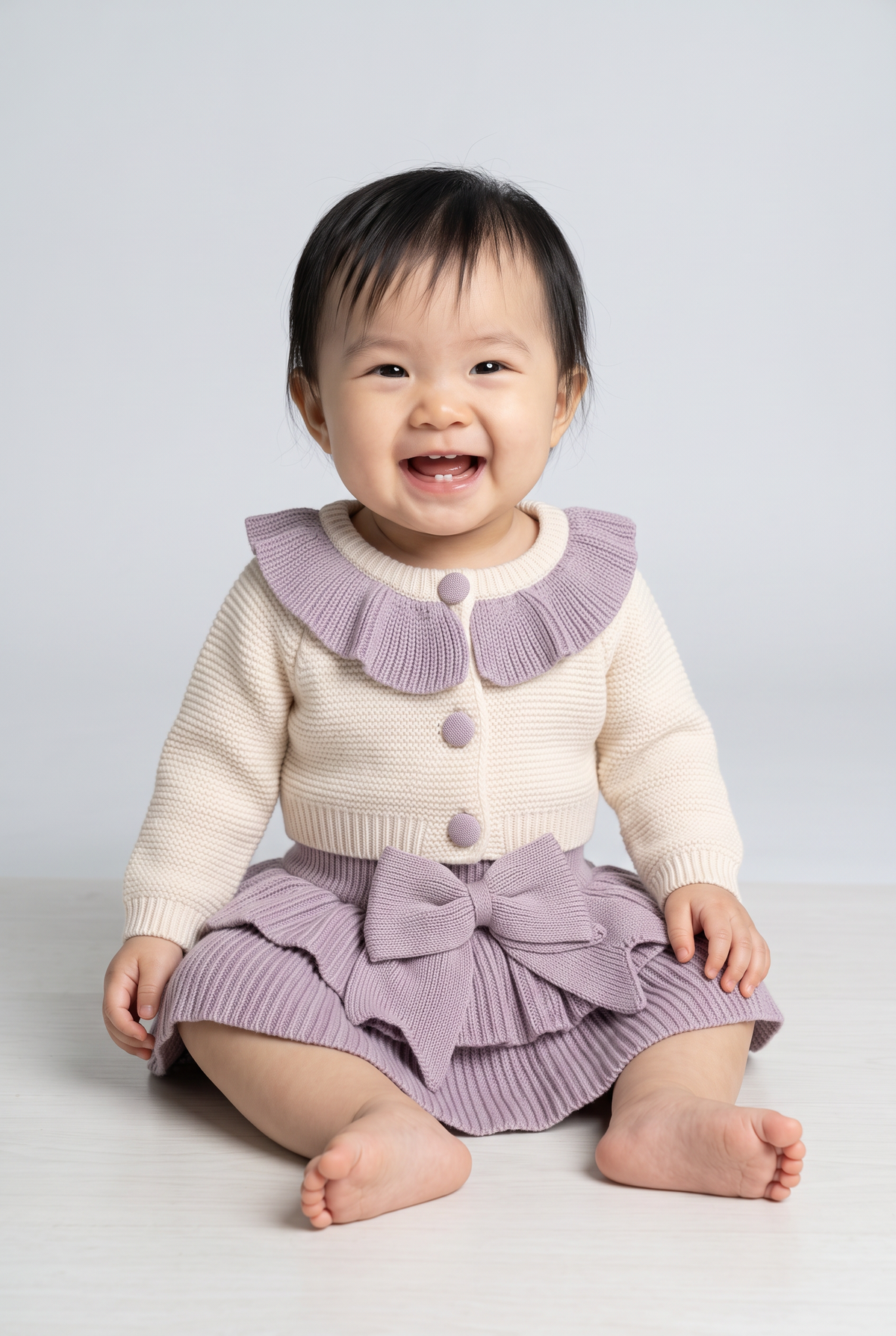 Baby Girls Frill Collar Cardigan & Oversized Bow Skirt 2-Piece Set - 26025 Purple Front Picture