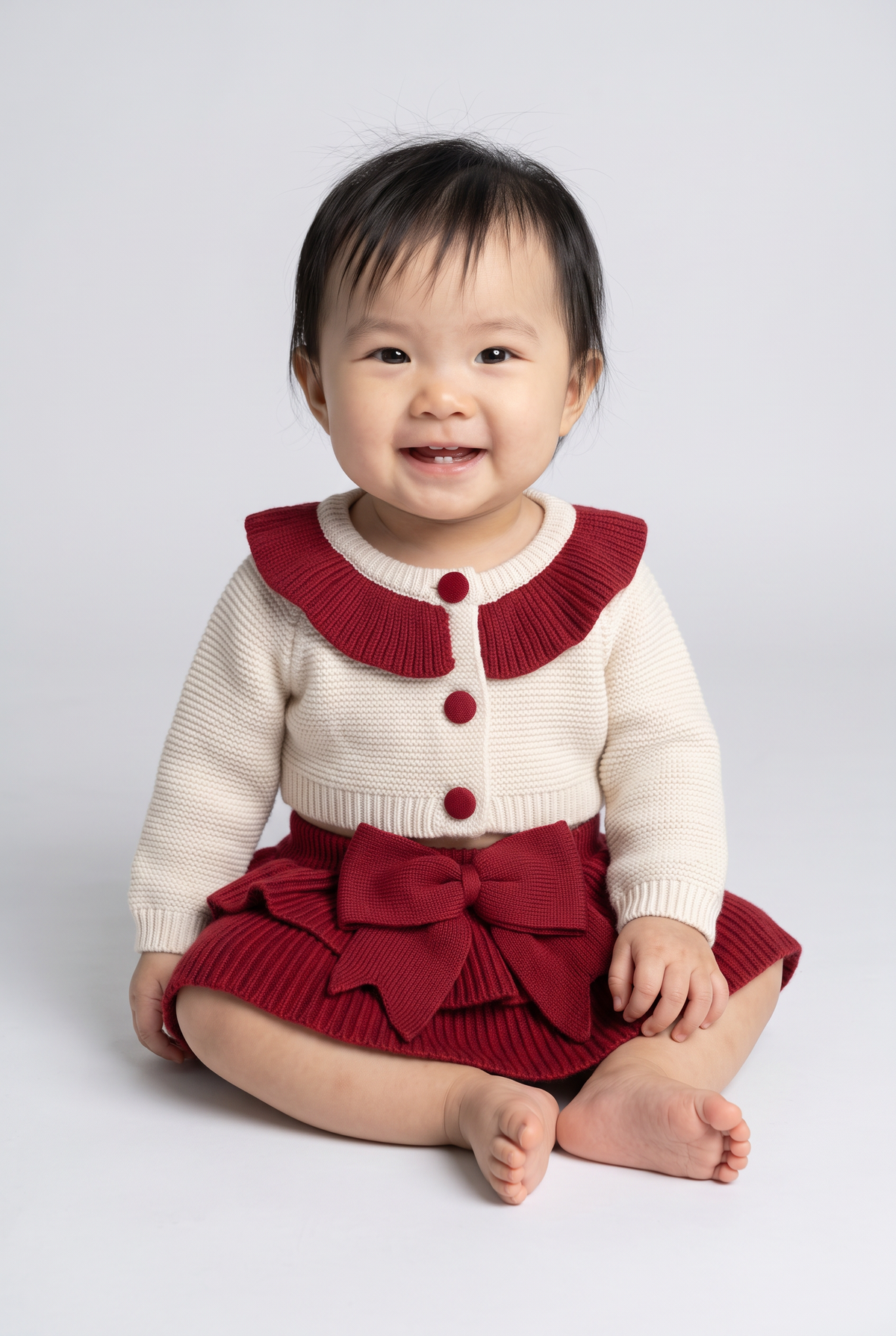 Baby Girls Frill Collar Cardigan & Oversized Bow Skirt 2-Piece Set - 26025 Red Model Picture