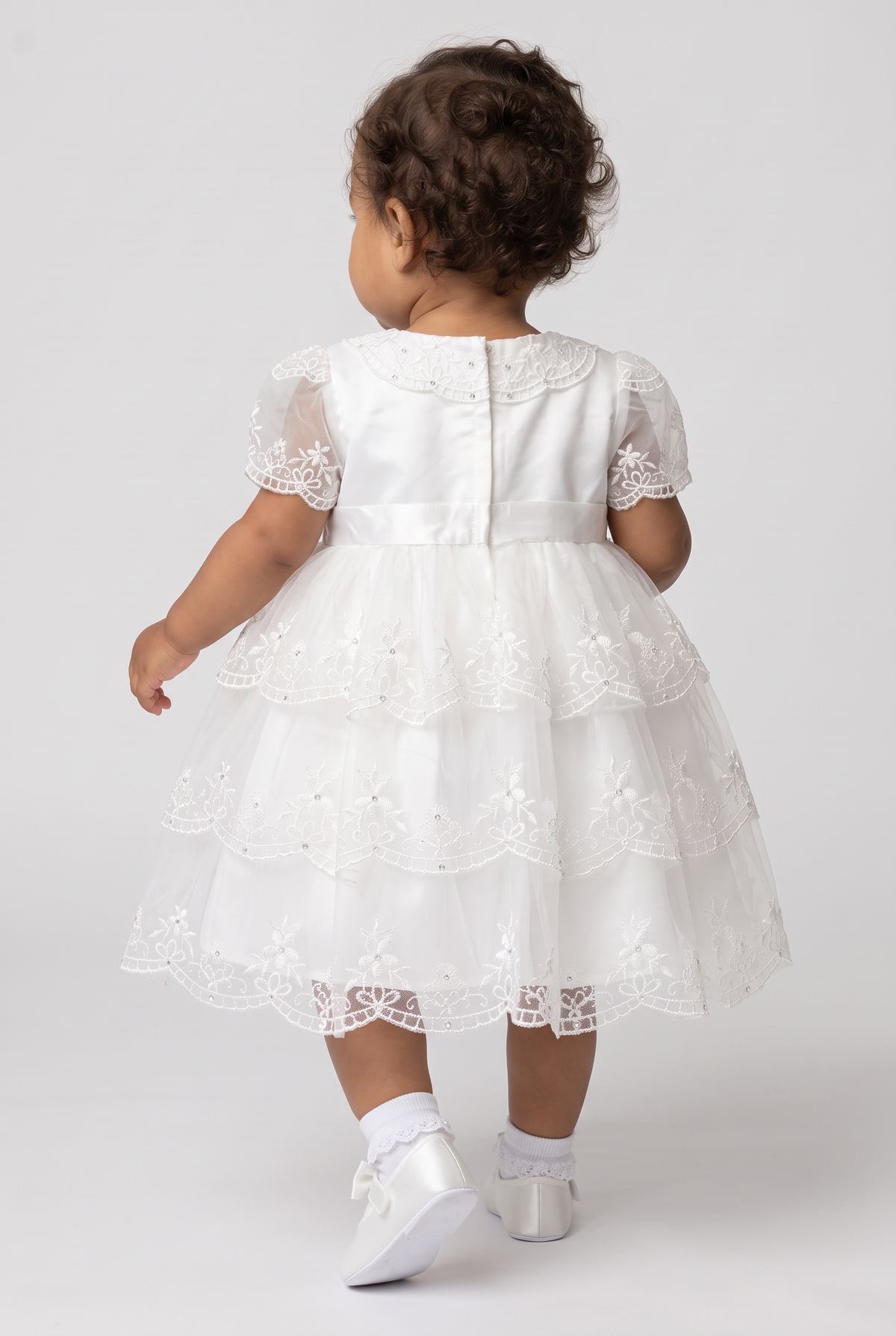 Baby Girls Ivory Embroidered Lace Tiered Christening Dress – Sevva Noemi Model Back Picture