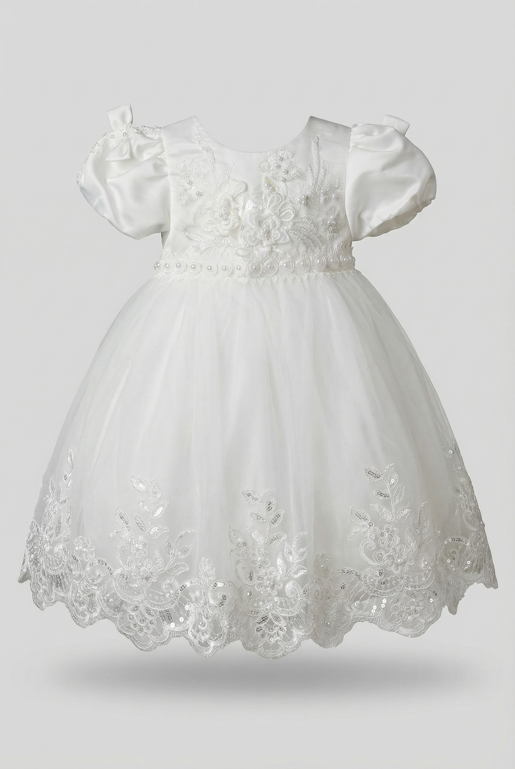 Vestito da Battesimo in Tulle con Applicazioni Floreali Avorio per Bambina