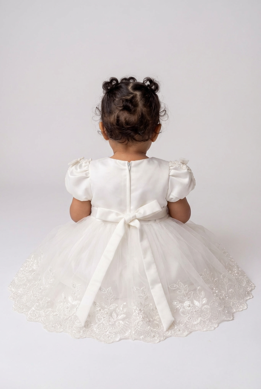 Vestito da Battesimo in Tulle con Applicazioni Floreali Avorio per Bambina