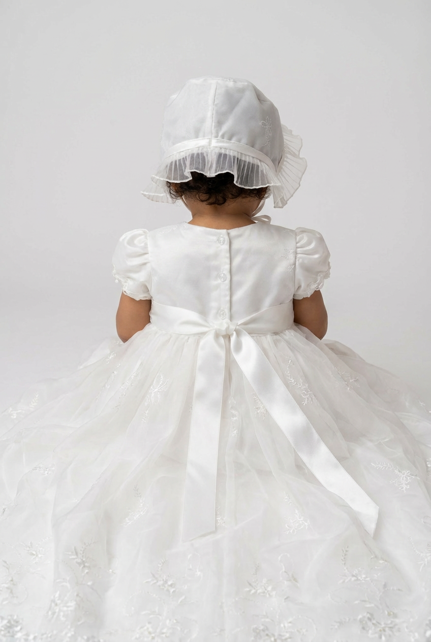 Ensemble robe de baptême traditionnelle Ivoire pour bébé fille avec bonnet
