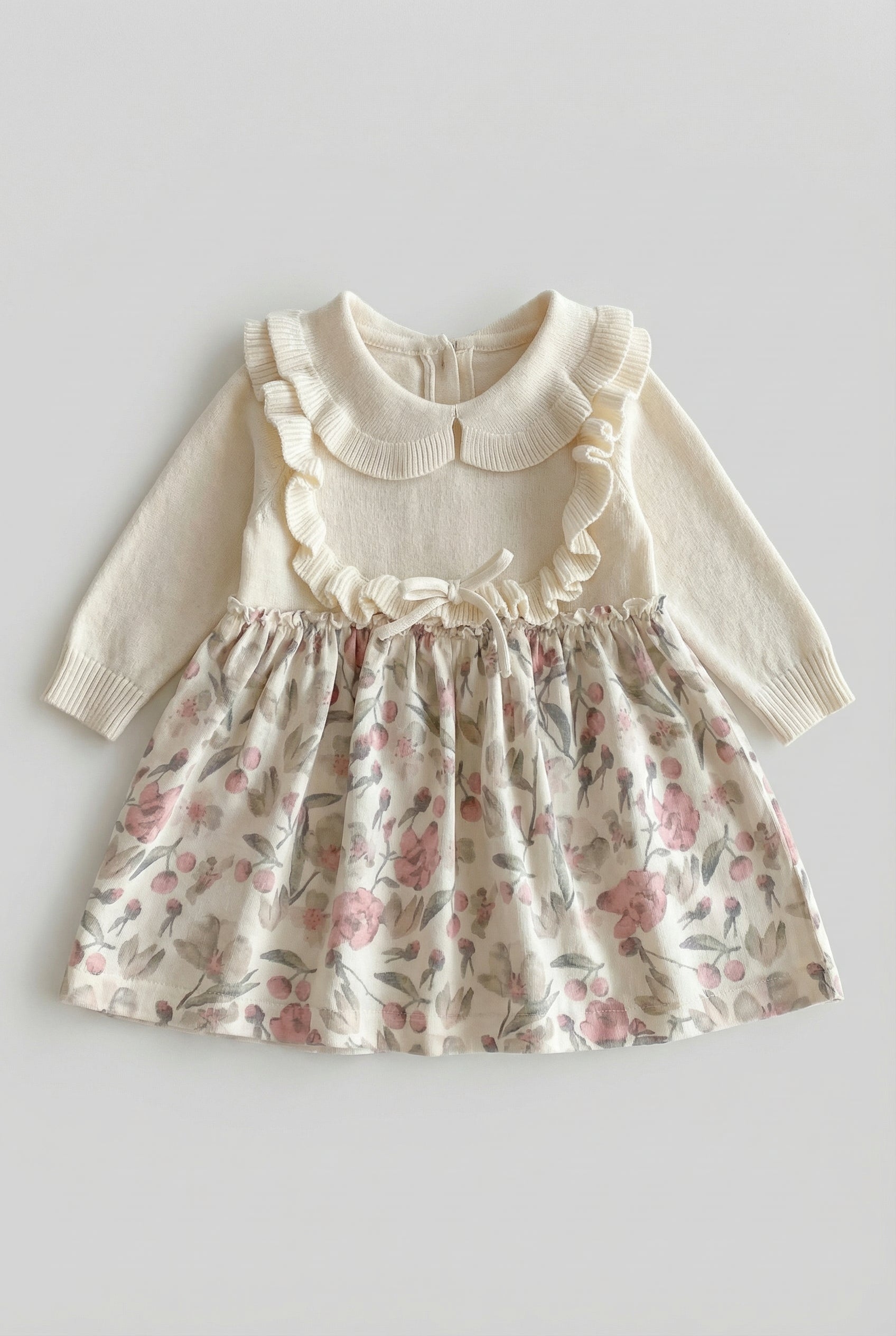 Baby Girls Knit Dress with Floral Print Skirt & Peter Pan Collar Front Picture
