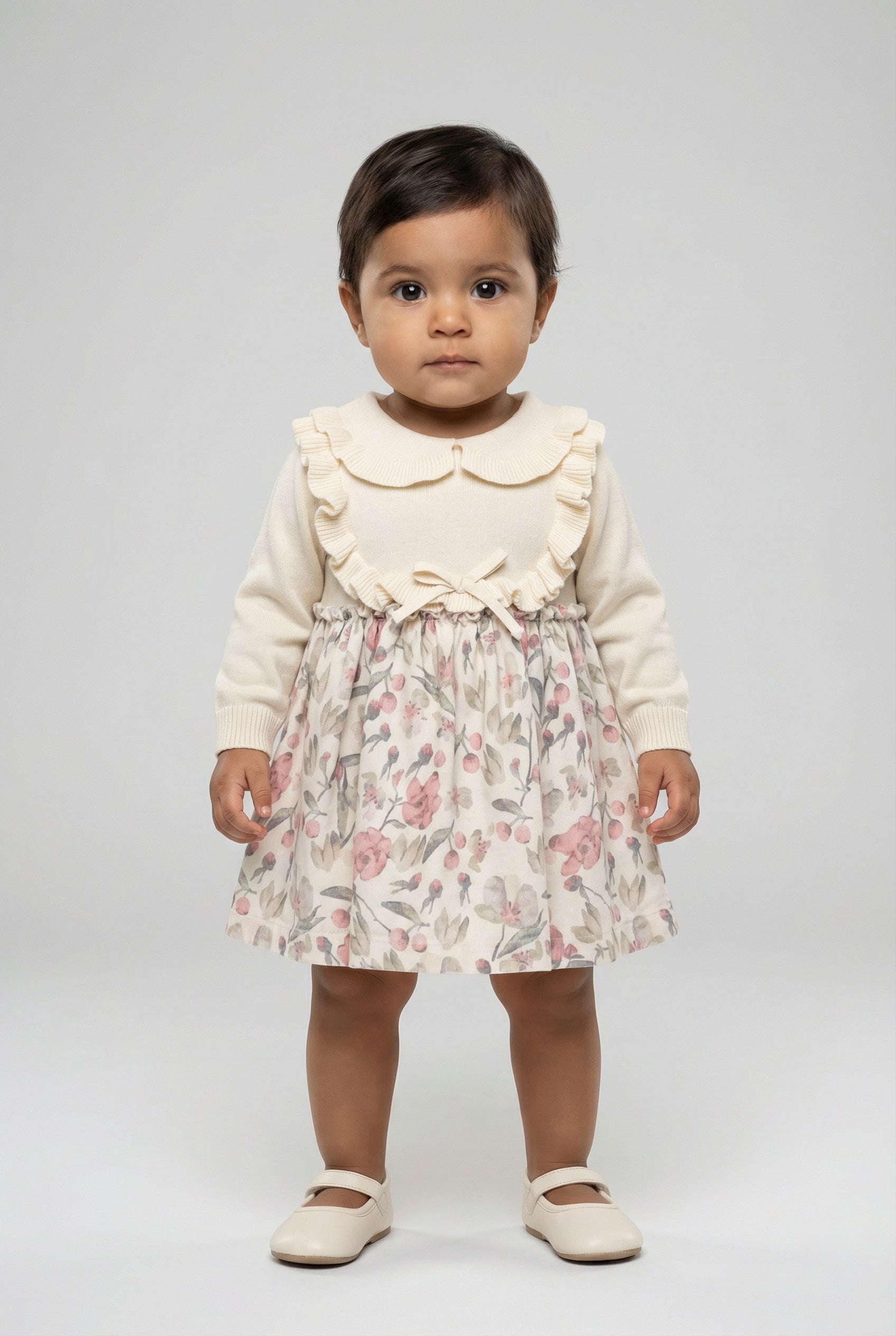 Baby Girls Knit Dress with Floral Print Skirt & Peter Pan Collar Model Front Picture