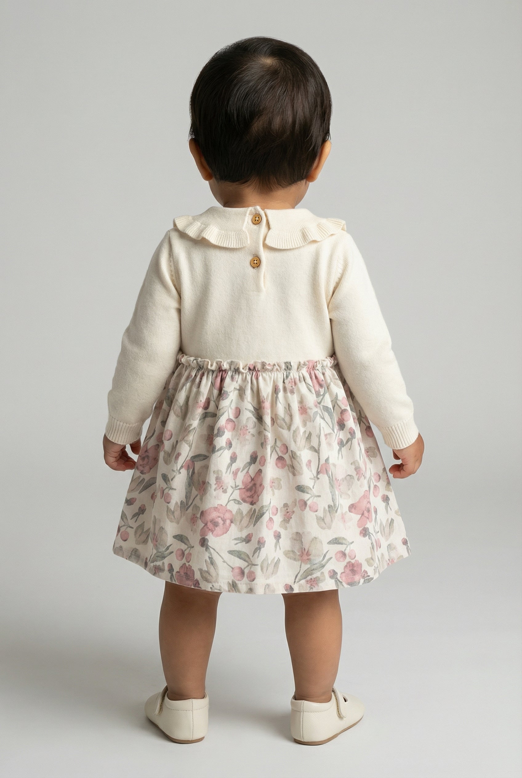 Baby Girls Knit Dress with Floral Print Skirt & Peter Pan Collar Model Back Picture