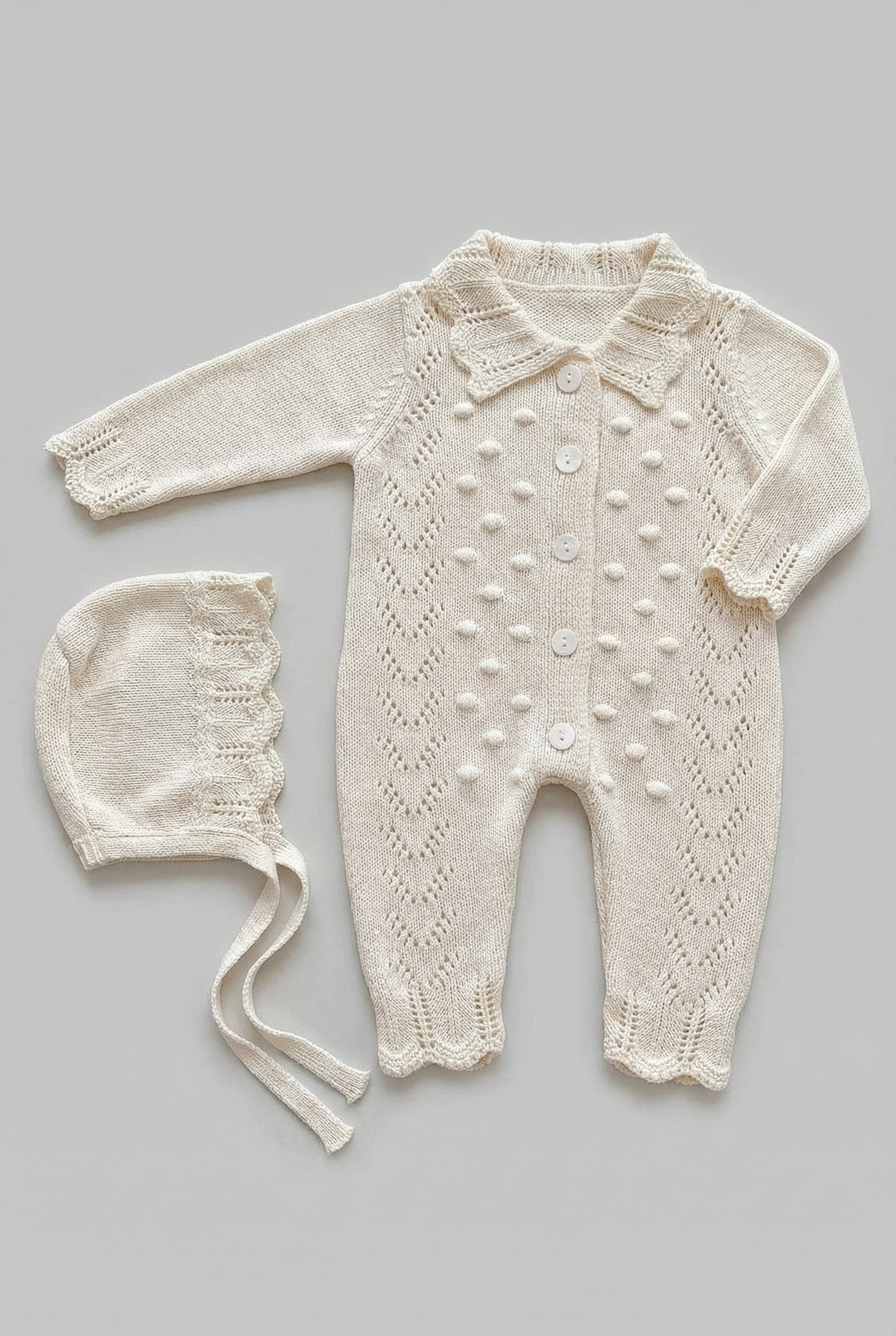 Baby Girls Knit Romper & Bonnet Set with Scalloped Collar - Ivory Front Picture