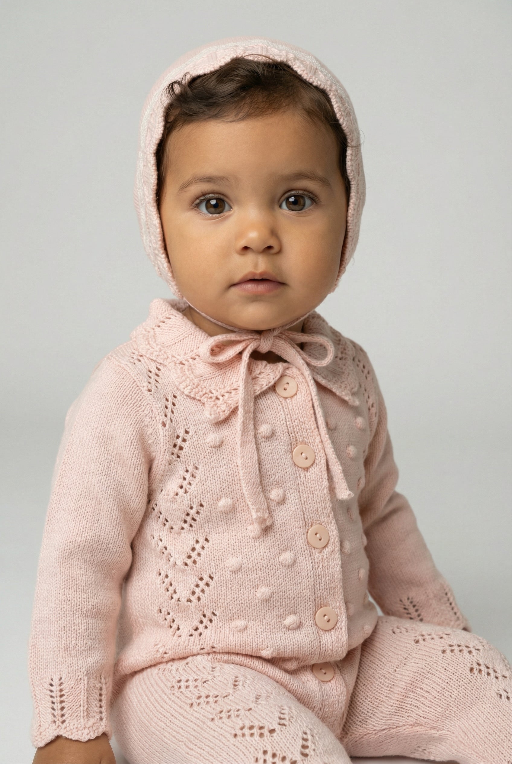 Baby Girls Knit Romper & Bonnet Set with Scalloped Collar - Pink Model Picture