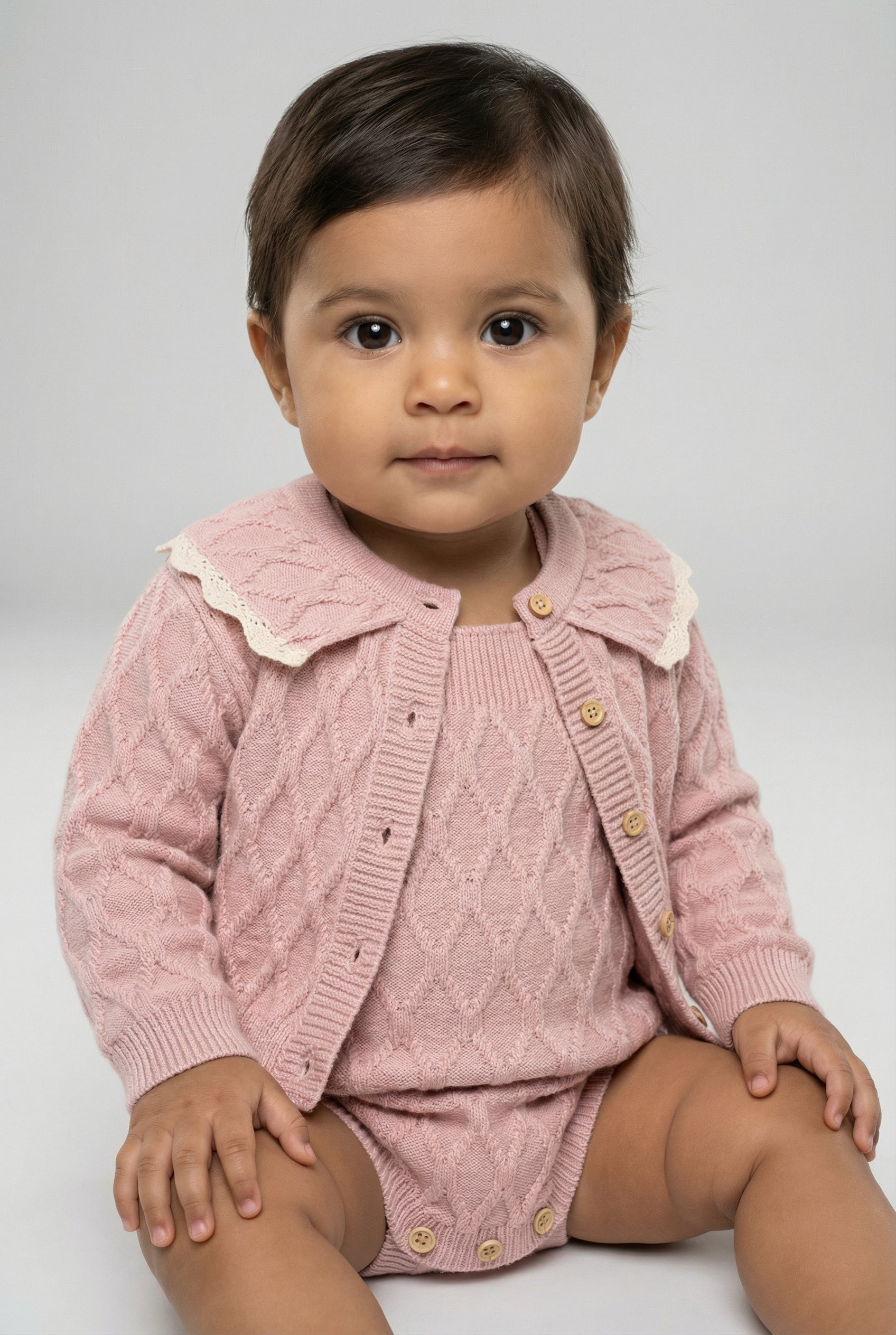 Baby Girls Knit Romper & Cardigan Set with Scalloped Collar Pink
