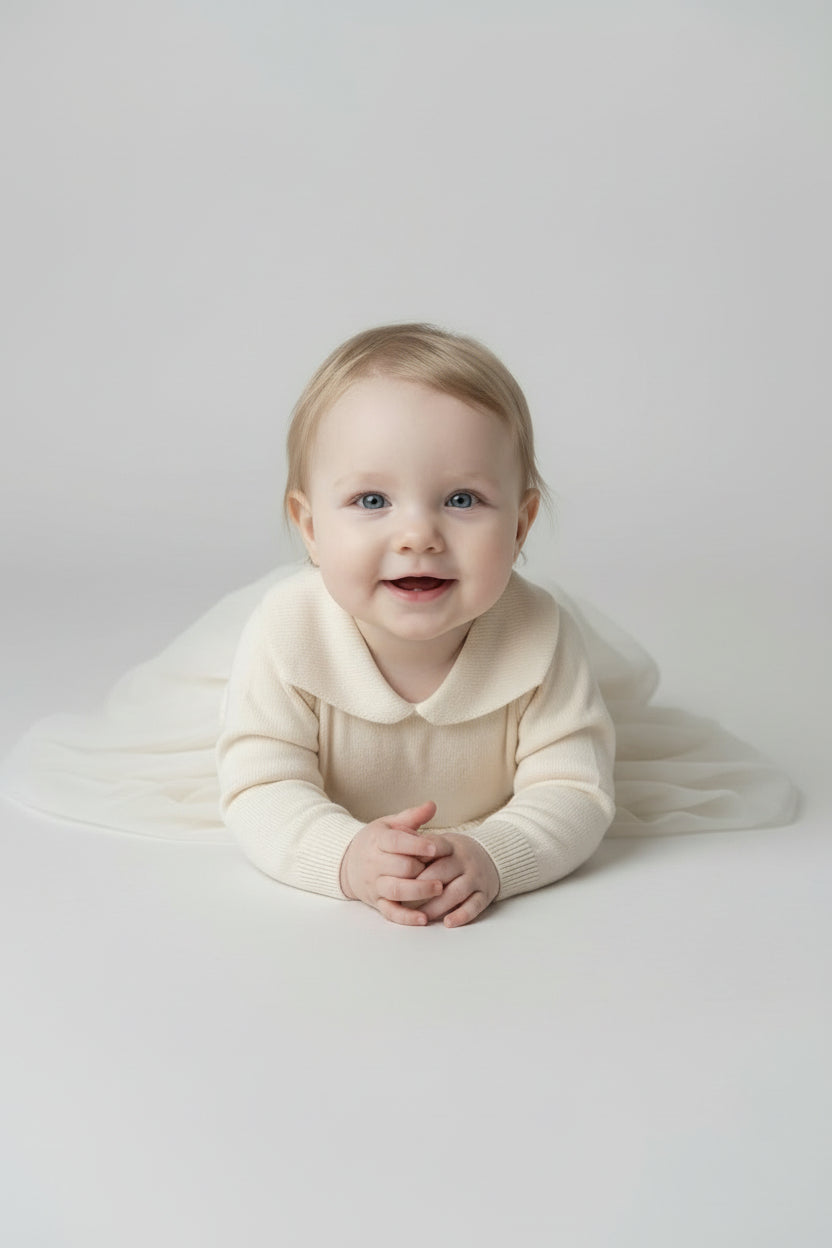 Baby Girls Knit & Tulle Dress with Peter Pan Collar - Ivory Model Picture