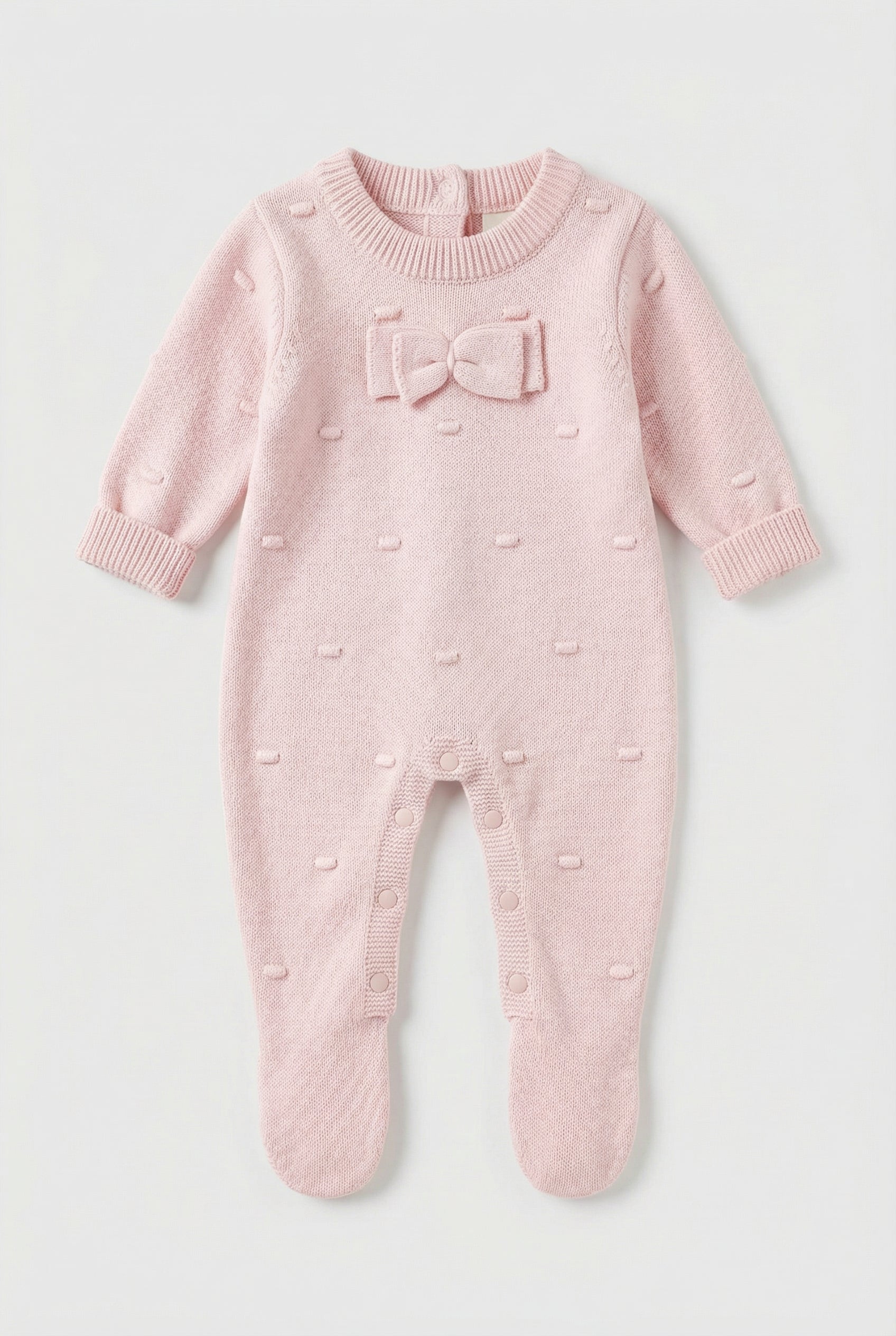 Baby Girls Long Sleeve Knit Romper with Bow Pink Front Picture