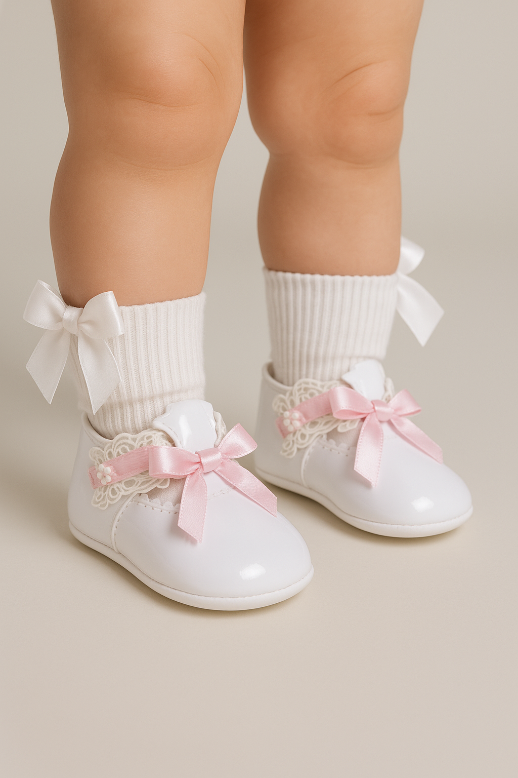Baby Girls Patent Christening Shoes with Lace Details - VALENTINA - White Model Picture