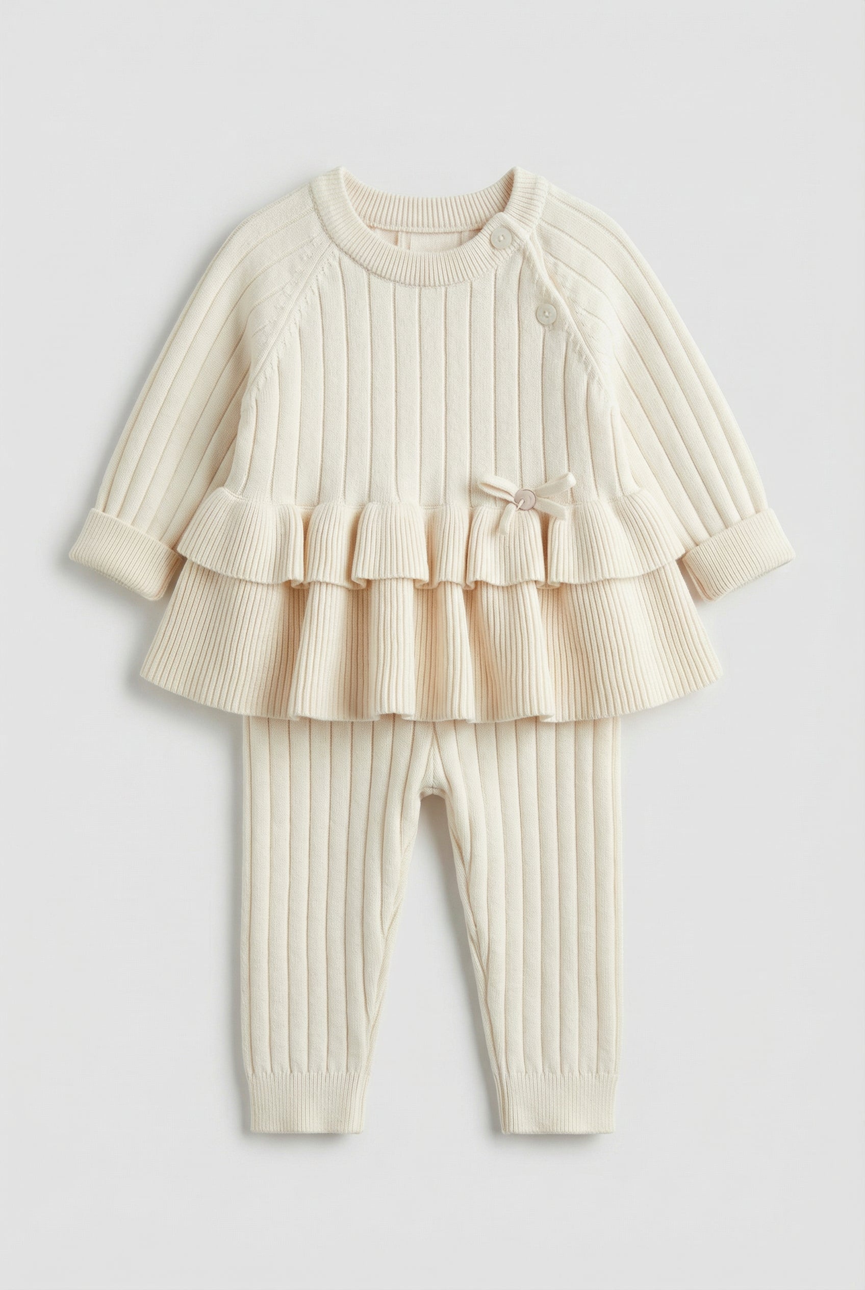 Baby Girls Ribbed Knit Jumper & Leggings Set with Ruffle Hem - Ivory Front Picture