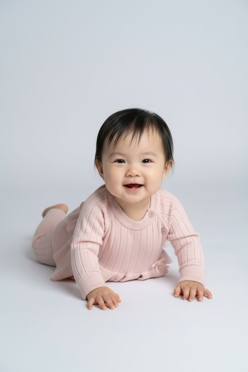 Baby Girls Ribbed Knit Jumper & Leggings Set with Ruffle Hem - Pink Model Picture