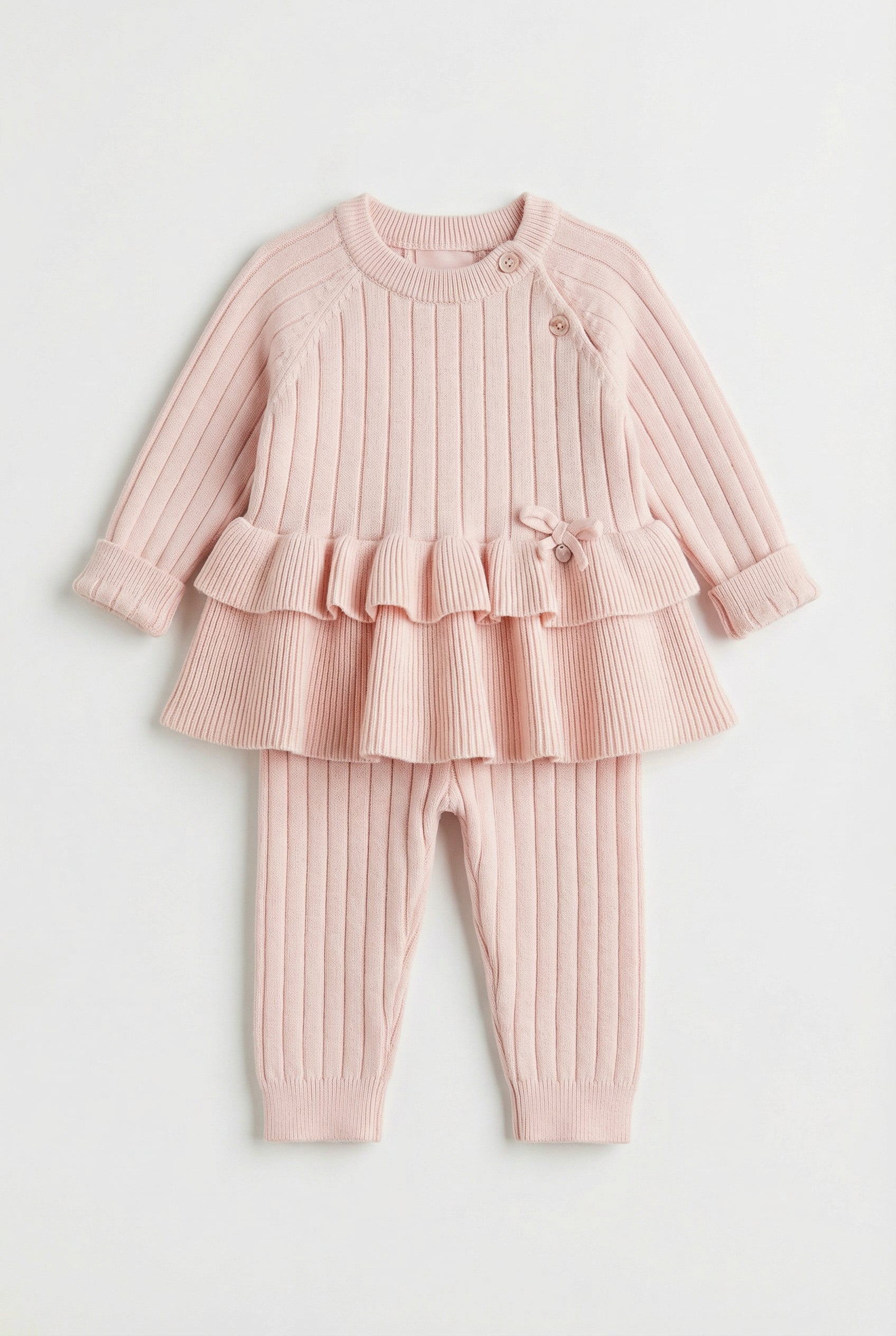 Baby Girls Ribbed Knit Jumper & Leggings Set with Ruffle Hem - Pink Front Picture