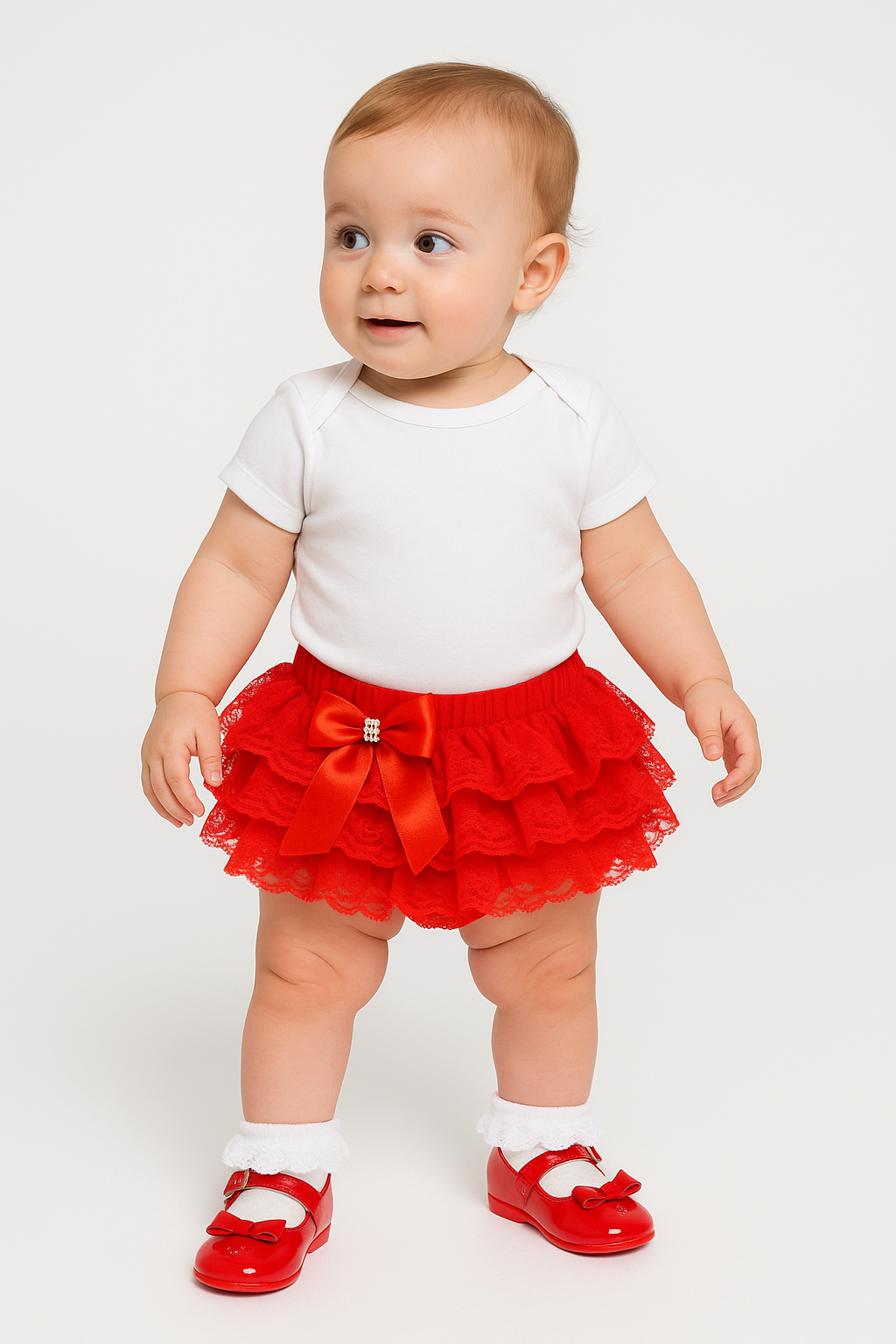 Baby Girls Ruffled Lace bloomers - Red Model Picture