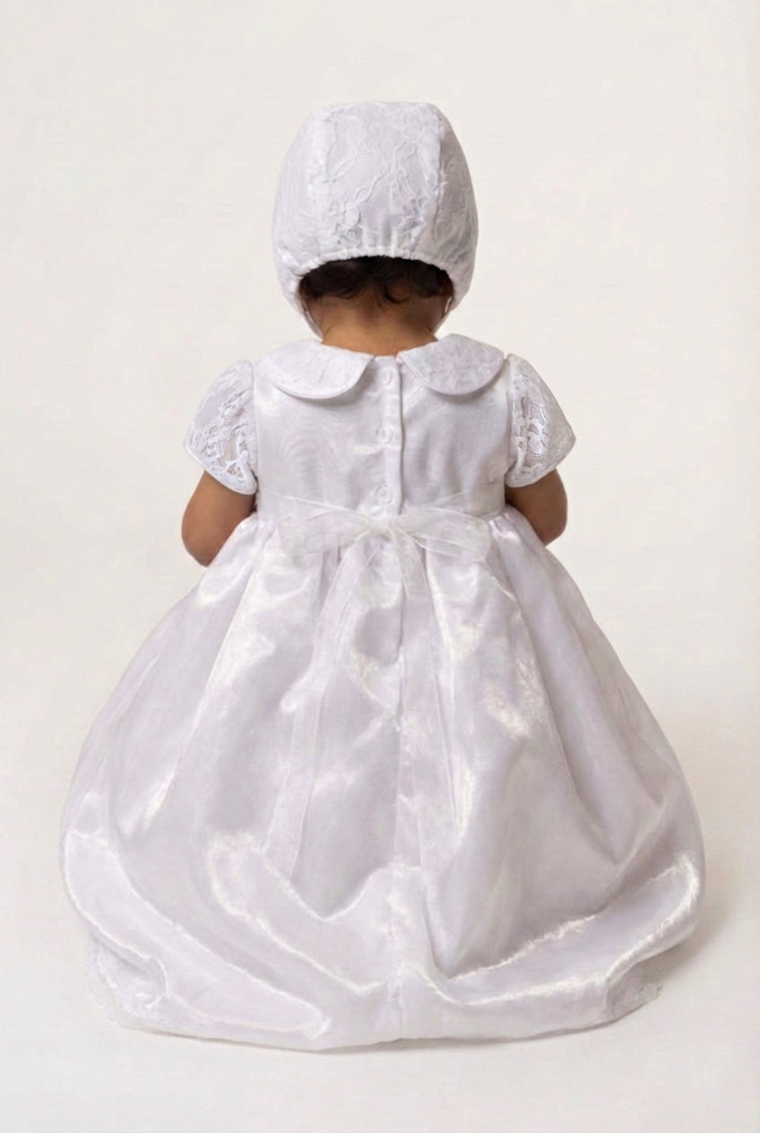 Baby Girls White Christening Gown & Bonnet Set with Peter Pan Collar Back picture