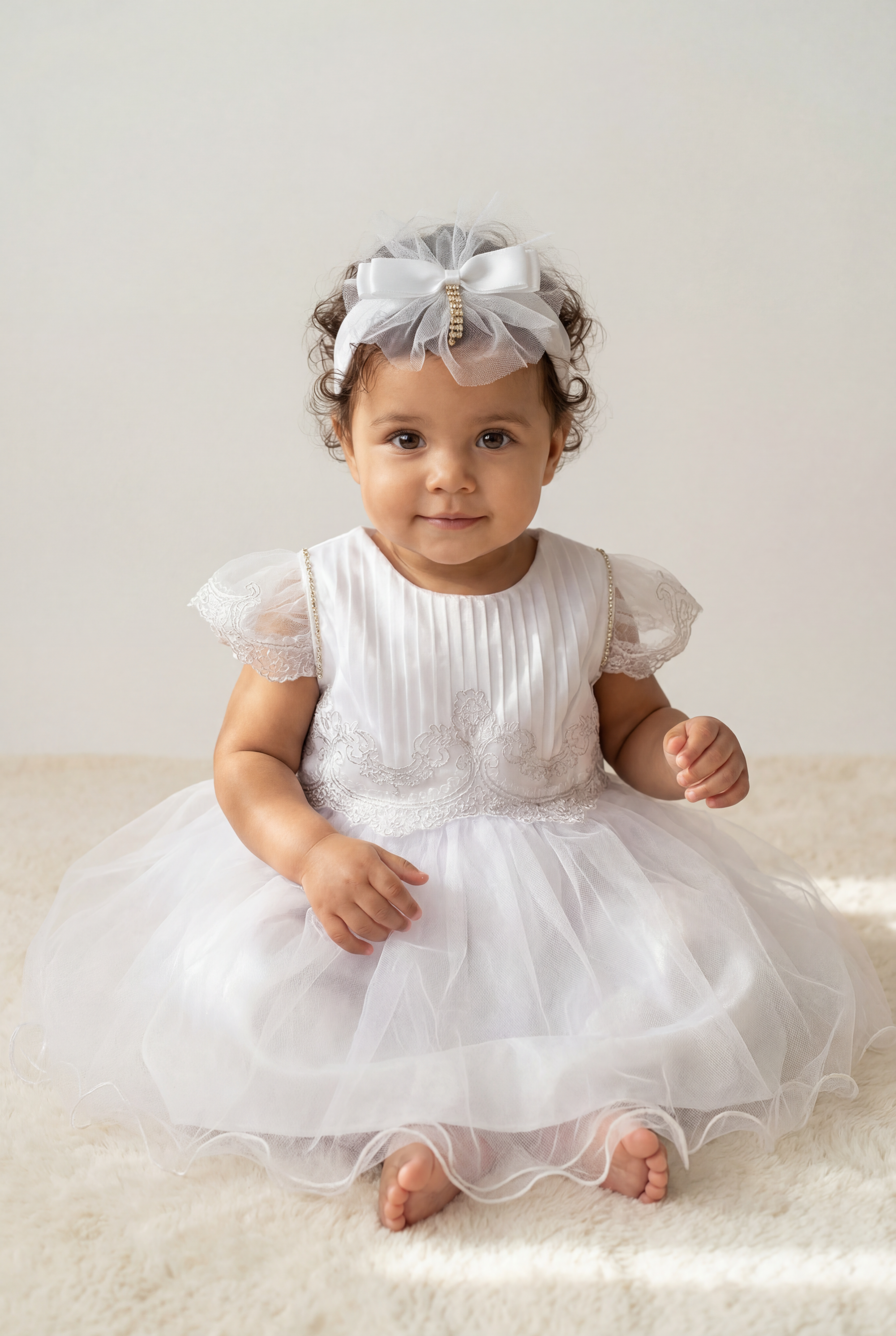 Baby Girls White Embroidered Tulle Baptism Dress & Headband Set