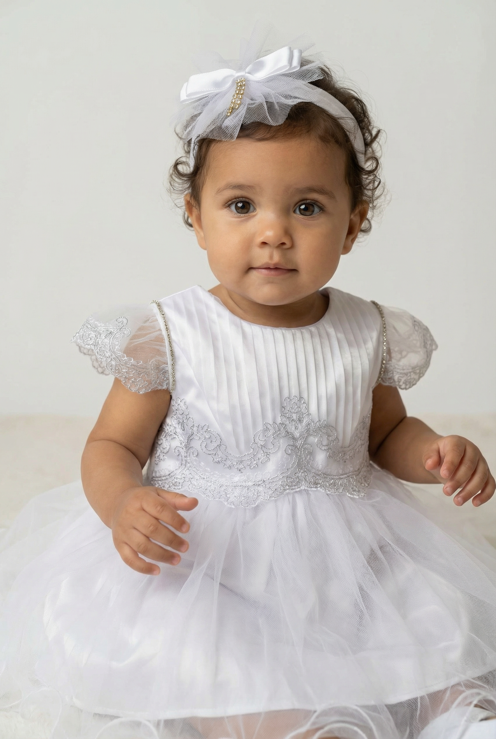Baby Girls White Embroidered Tulle Baptism Dress & Headband Set