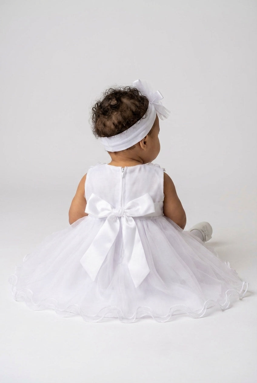 Baby Girls White Floral Appliqués Dress & Headband Set Back Picture