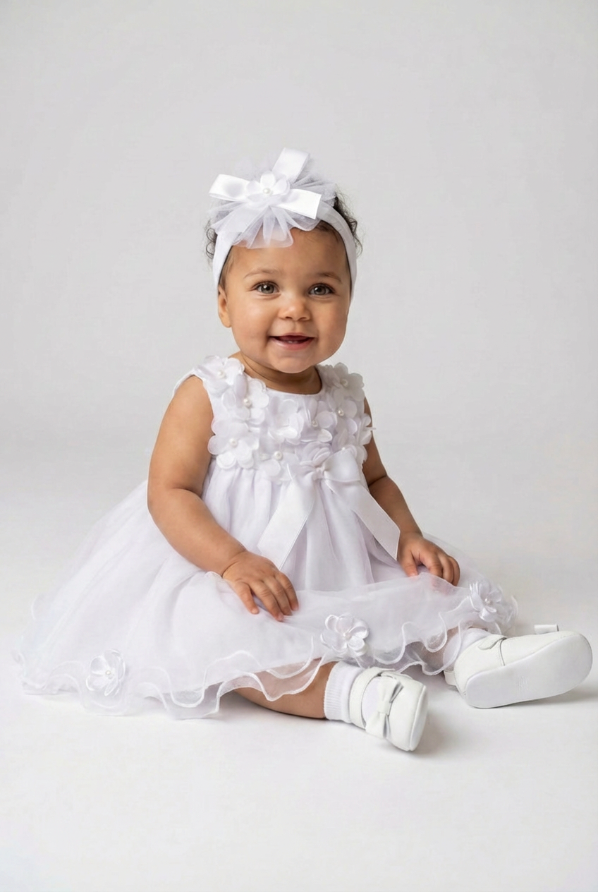 Baby Girls White Floral Appliqués Dress & Headband Set Model Picture