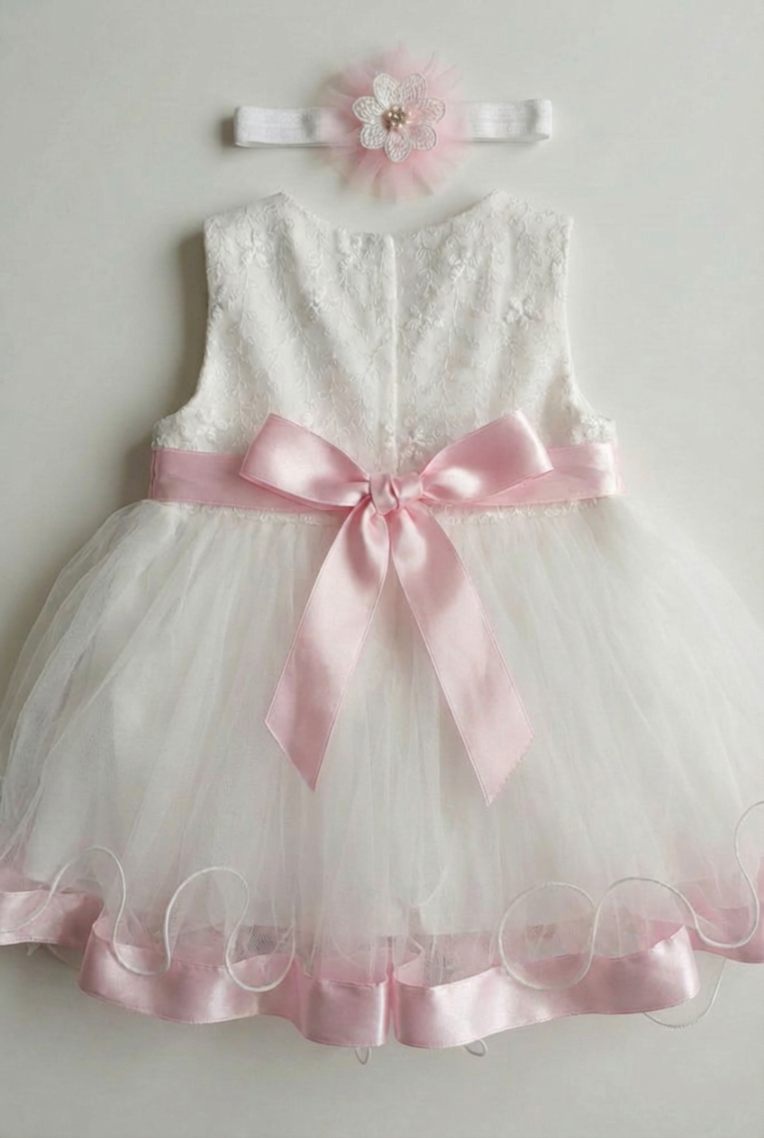 Vestito da festa in tulle Bianco per bambina con fascia e fascia per capelli Rosa