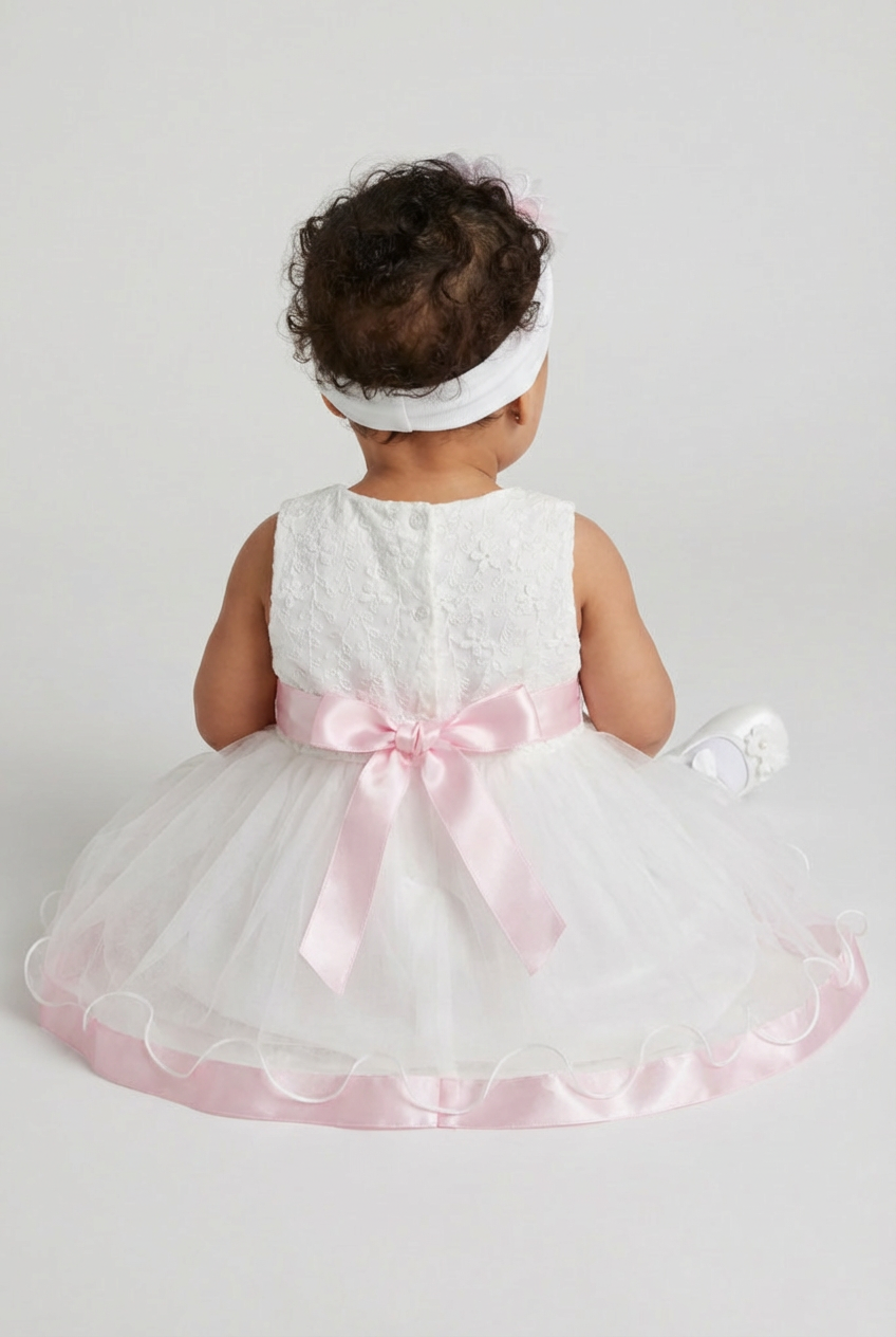 Vestito da festa in tulle Bianco per bambina con fascia e fascia per capelli Rosa