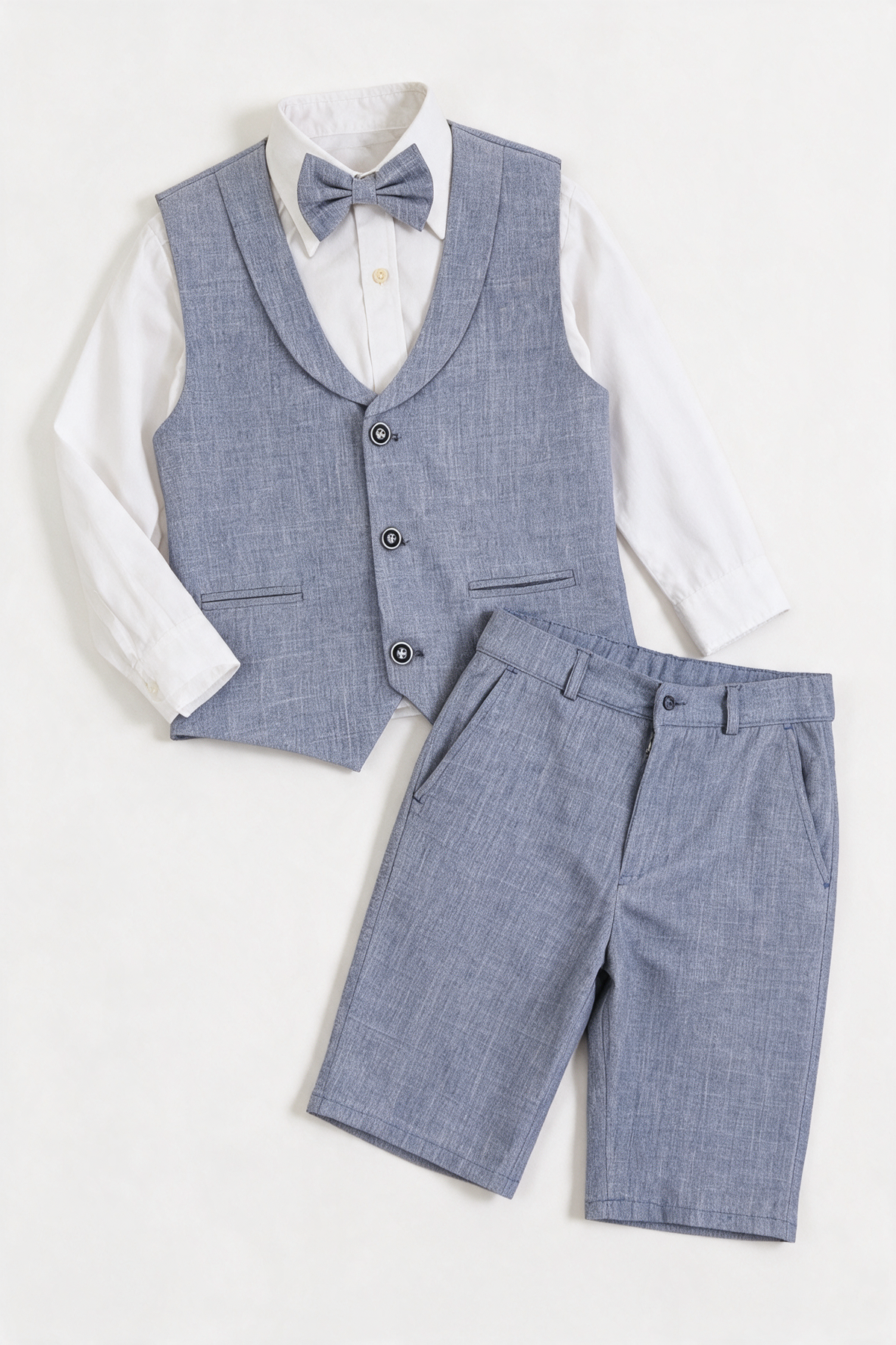 boys 4-Piece Cotton-Linen Waistcoat Shorts Suit Set - Grayish Navy front picture