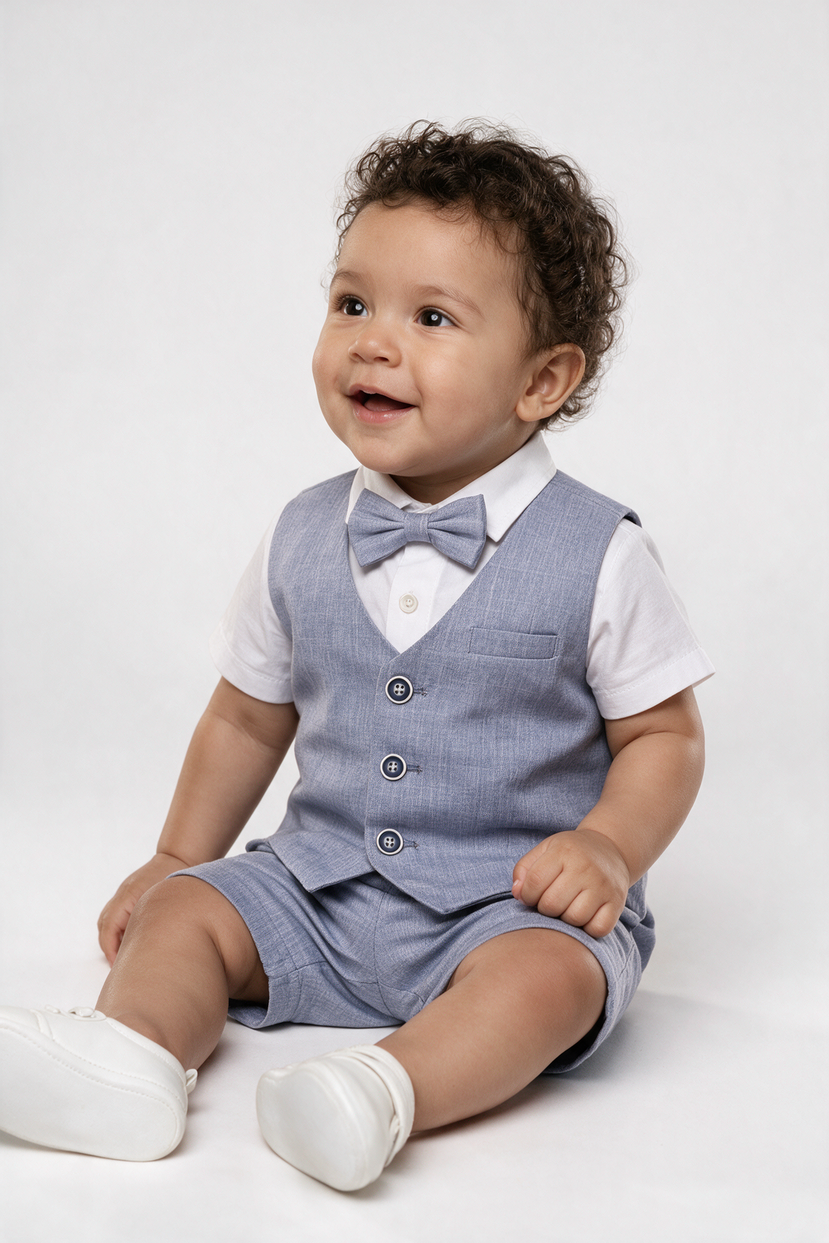 Baby & Boys 4-Piece Cotton-Linen Waistcoat Shorts Suit Set - Grayish Navy baby model picture