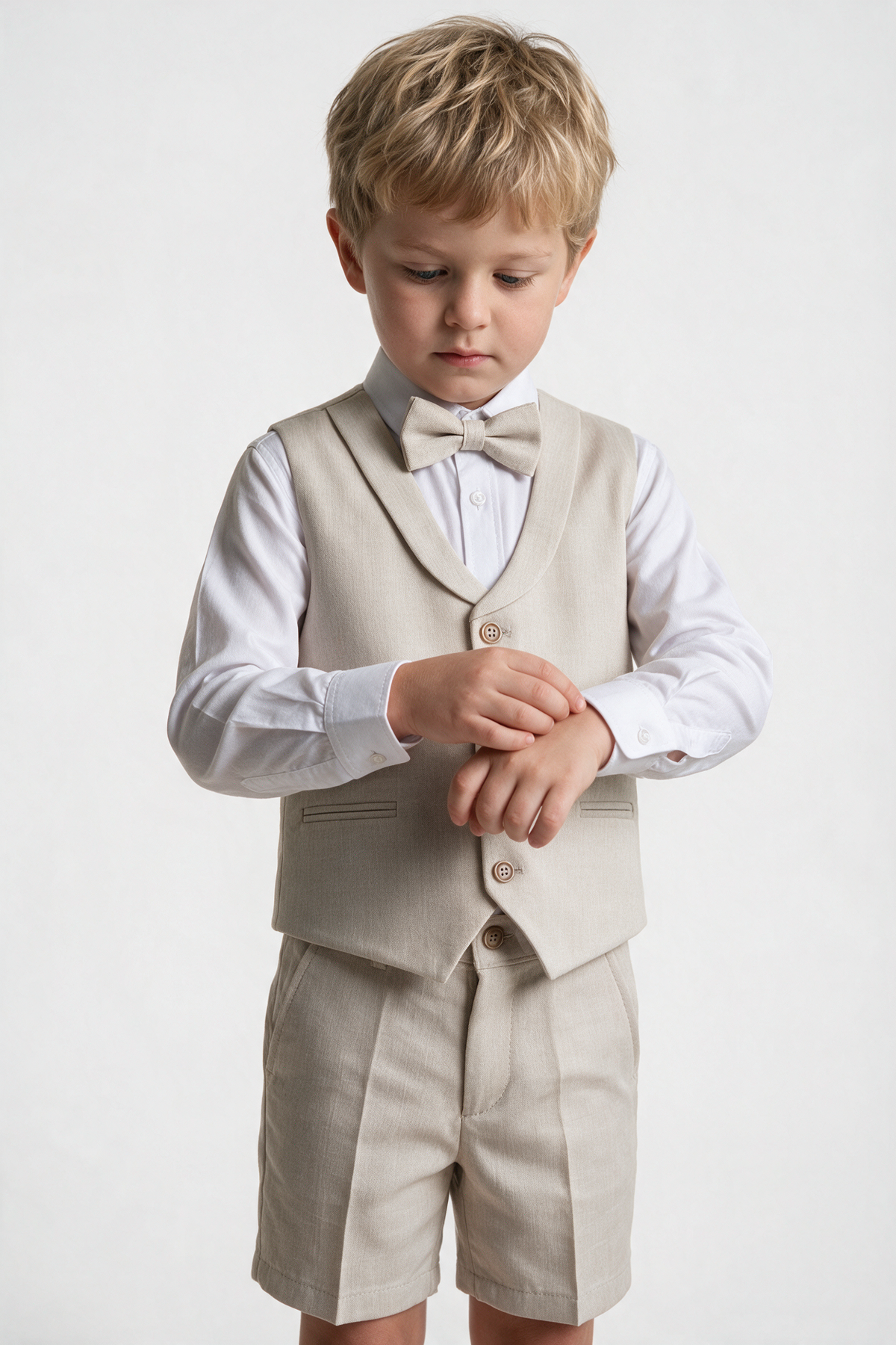 Baby & Boys 4-Piece Cotton-Linen Waistcoat Shorts Suit Set - Light Beige Model Picture