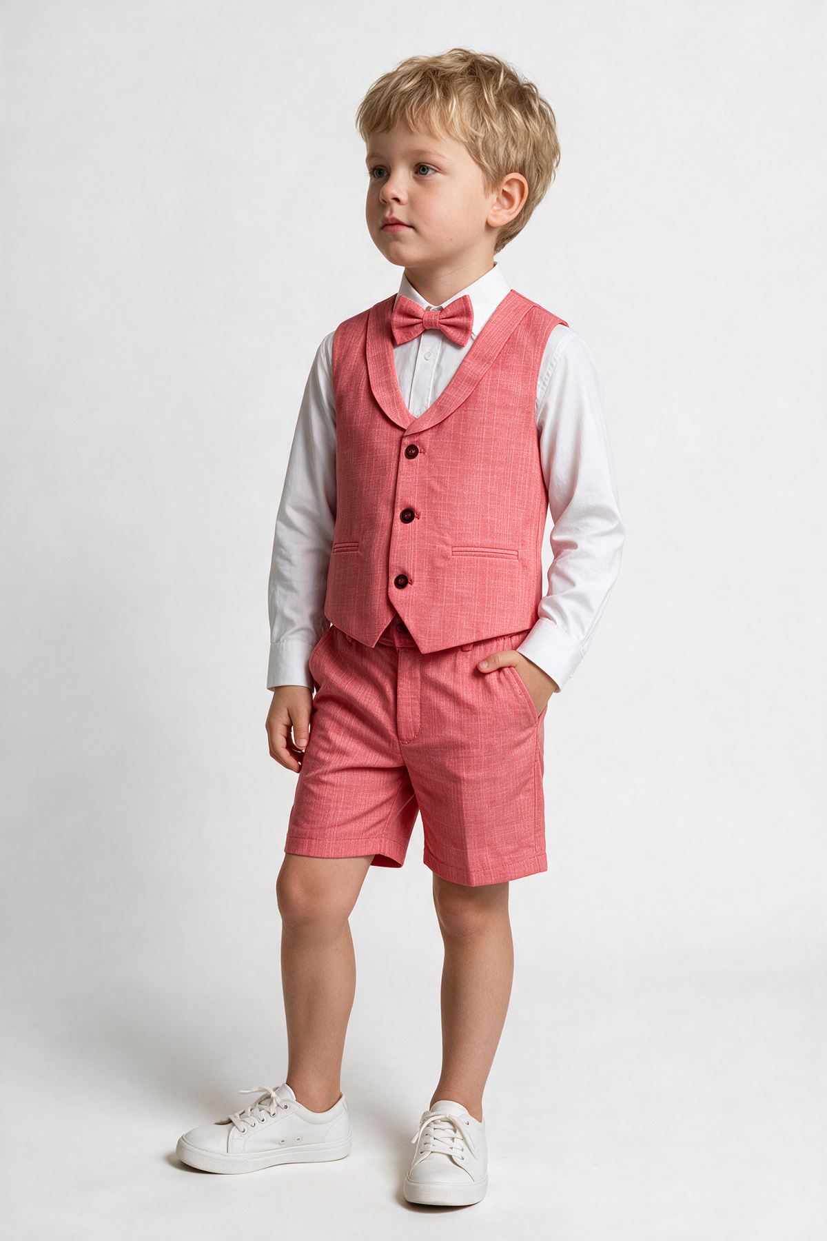 Baby & Boys 4-Piece Cotton-Linen Waistcoat Shorts Suit Set - Red Boy model picture