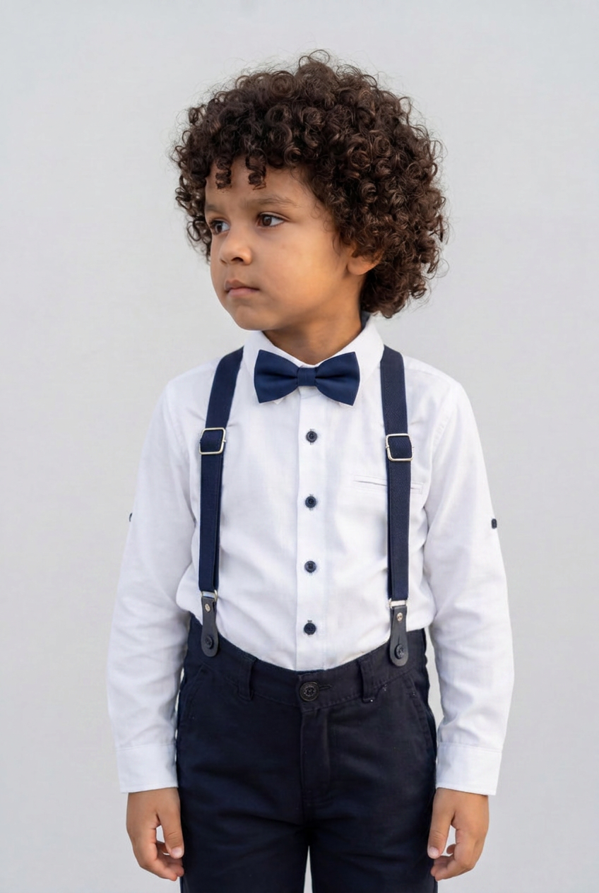 Conjunto de 4 piezas de algodón para bebé y niños caballeros - OXFORD - Blanco - Azul marino