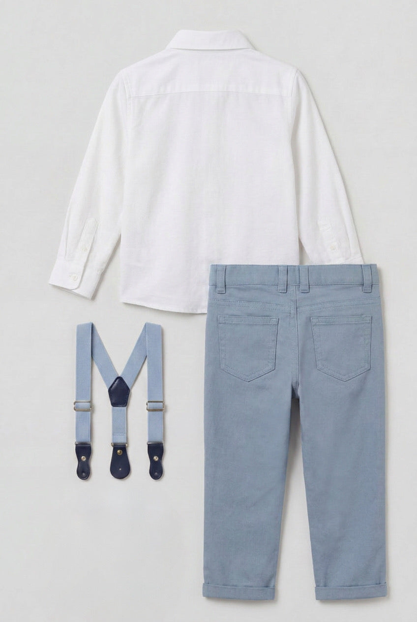 4-teiliges Gentleman-Outfit-Set aus Baumwolle für Babys und Jungen – OXFORD-Weiß – Hellblau