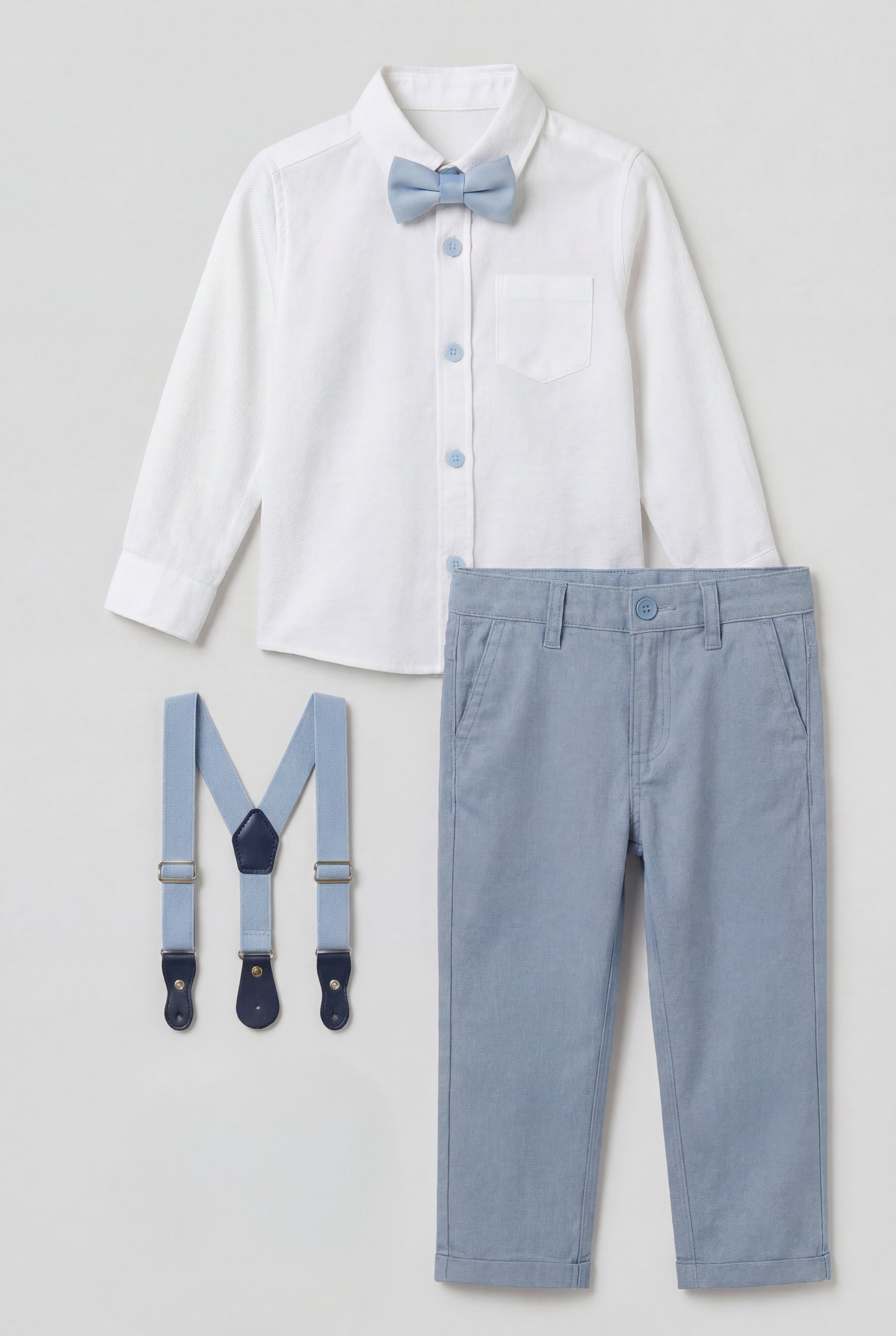 4-teiliges Gentleman-Outfit-Set aus Baumwolle für Babys und Jungen – OXFORD-Weiß – Hellblau