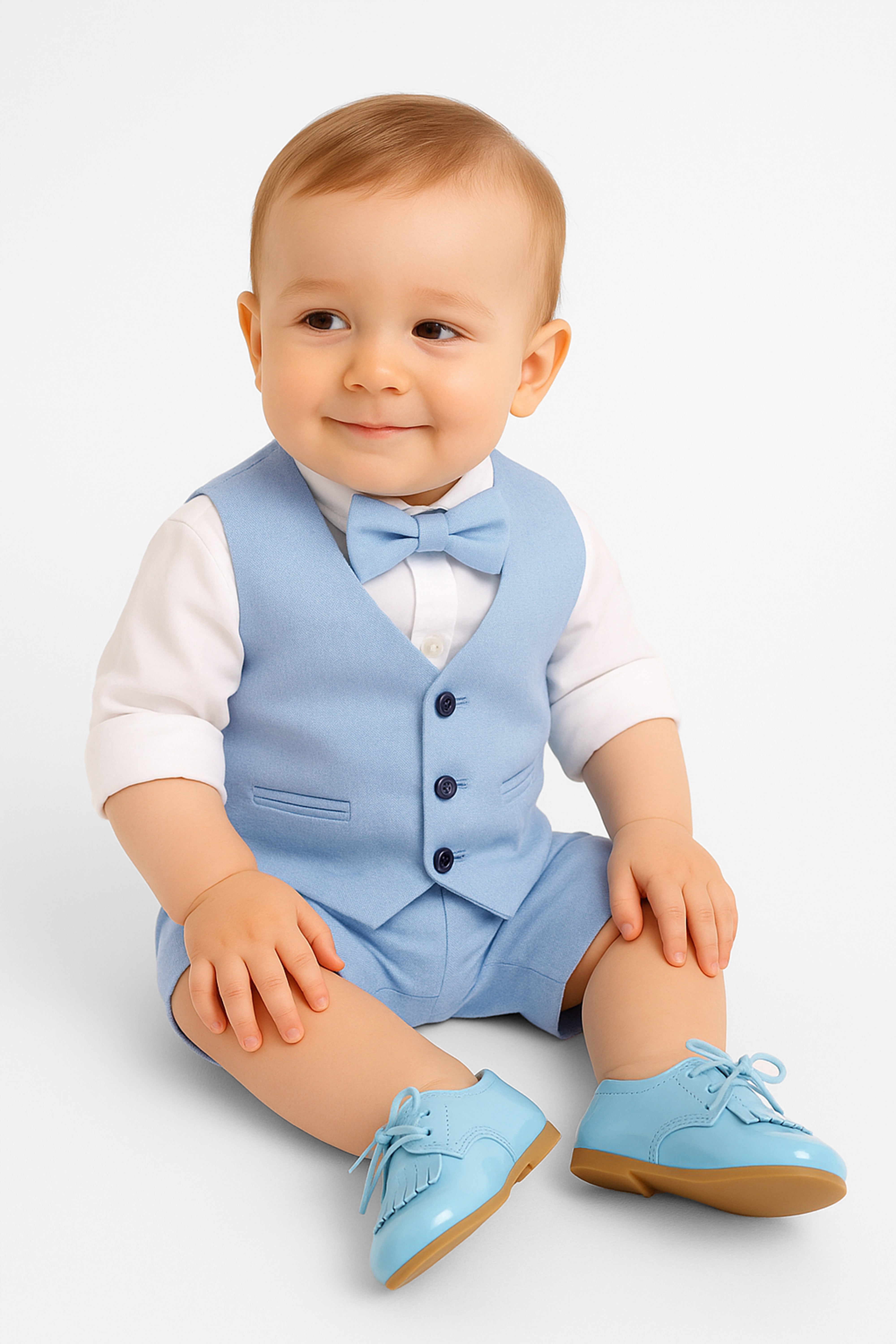 Baby 4-Piece Cotton-Linen Waistcoat Shorts Suit Set - Sky Blue
