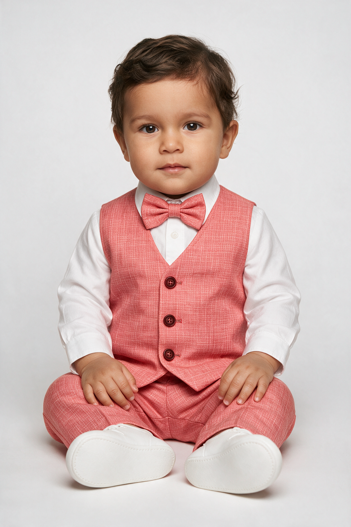 Conjunto de traje de chaleco de algodón y lino de 4 piezas para bebés y niños - Rojo