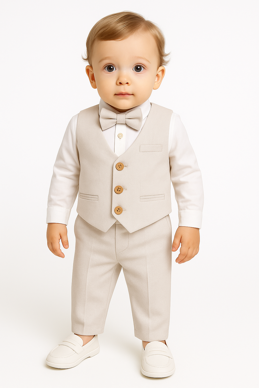 Baby Boys Cotton Linen Waistcoat Suit Set 3 Piece - Light Beige Model Picture