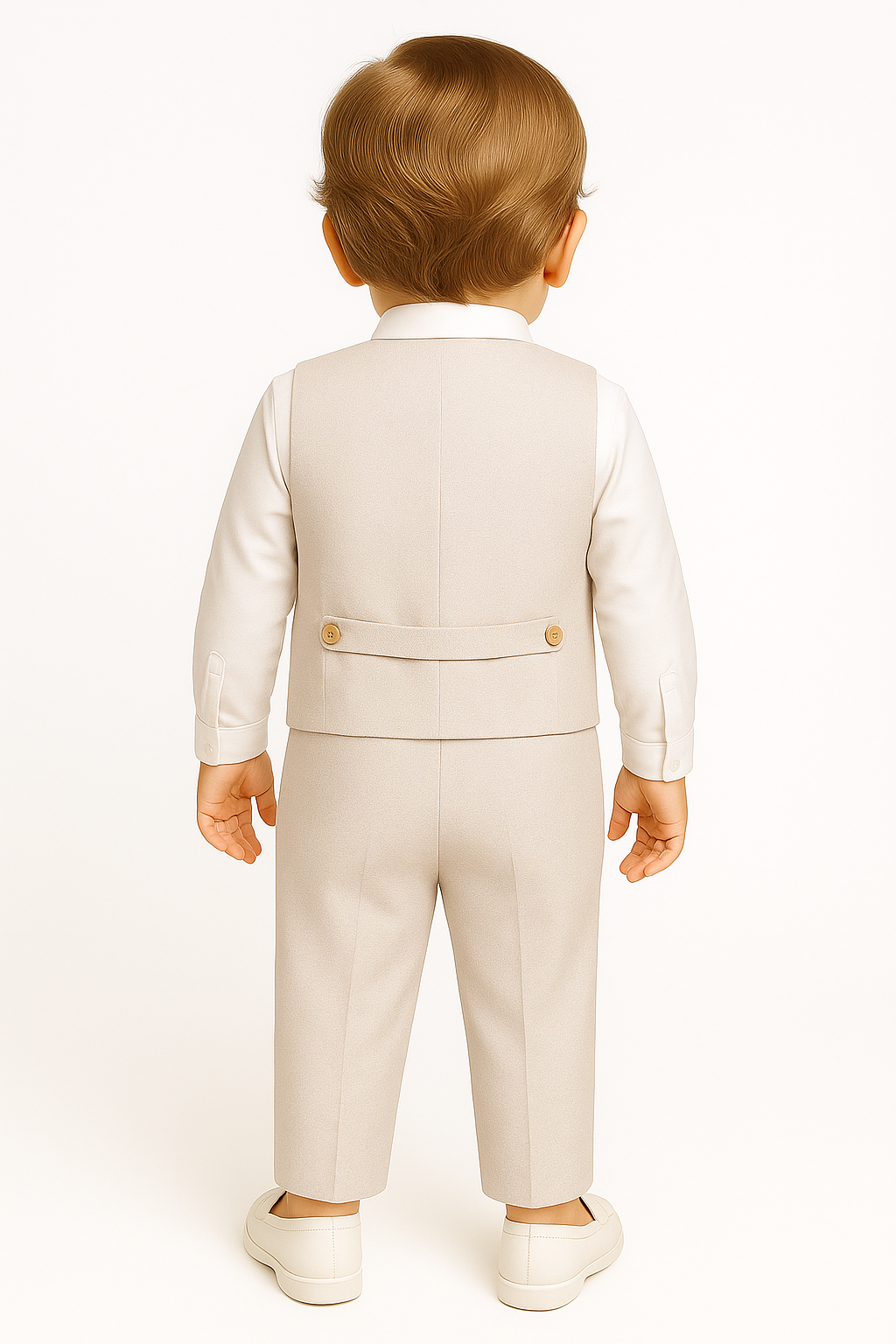 Baby Boys Cotton Linen Waistcoat Suit Set 3 Piece - Light Beige Back Picture