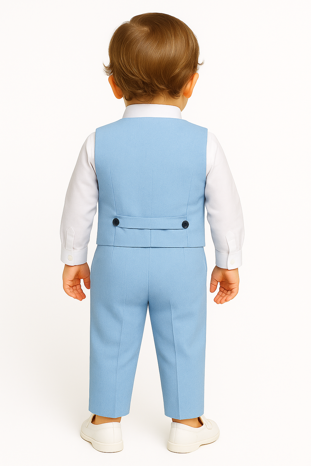 Baby Boys Cotton Linen Waistcoat Suit Set 3 Piece - Sky Blue Back Picture