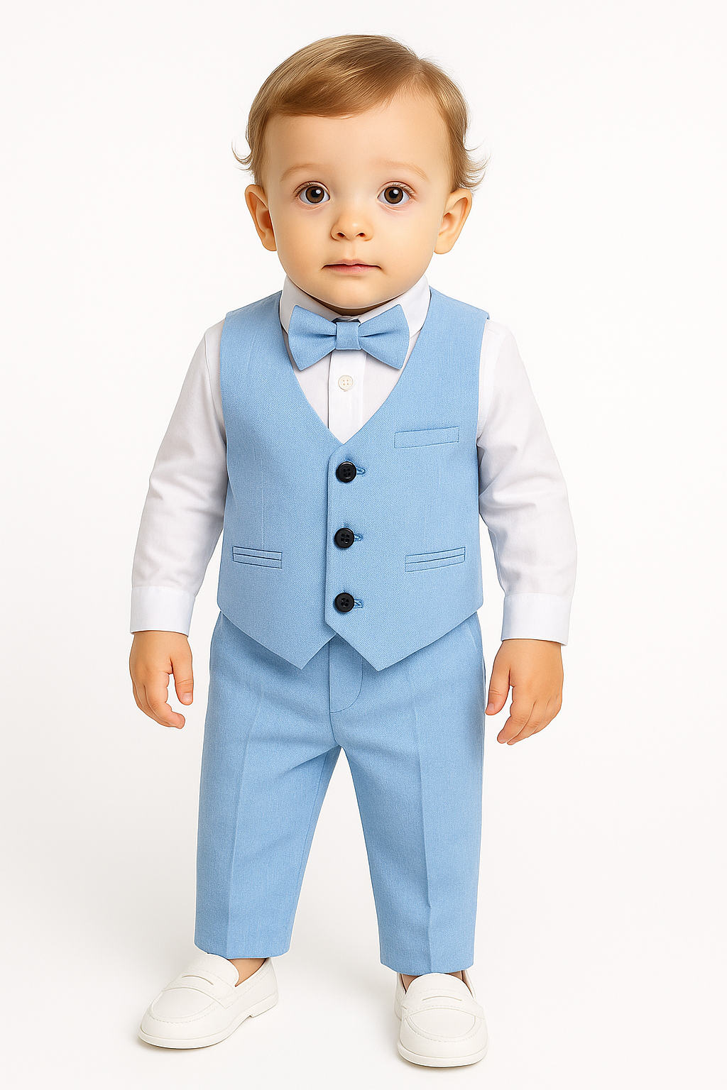 Baby Boys Cotton Linen Waistcoat Suit Set 3 Piece - Sky Blue Model Picture
