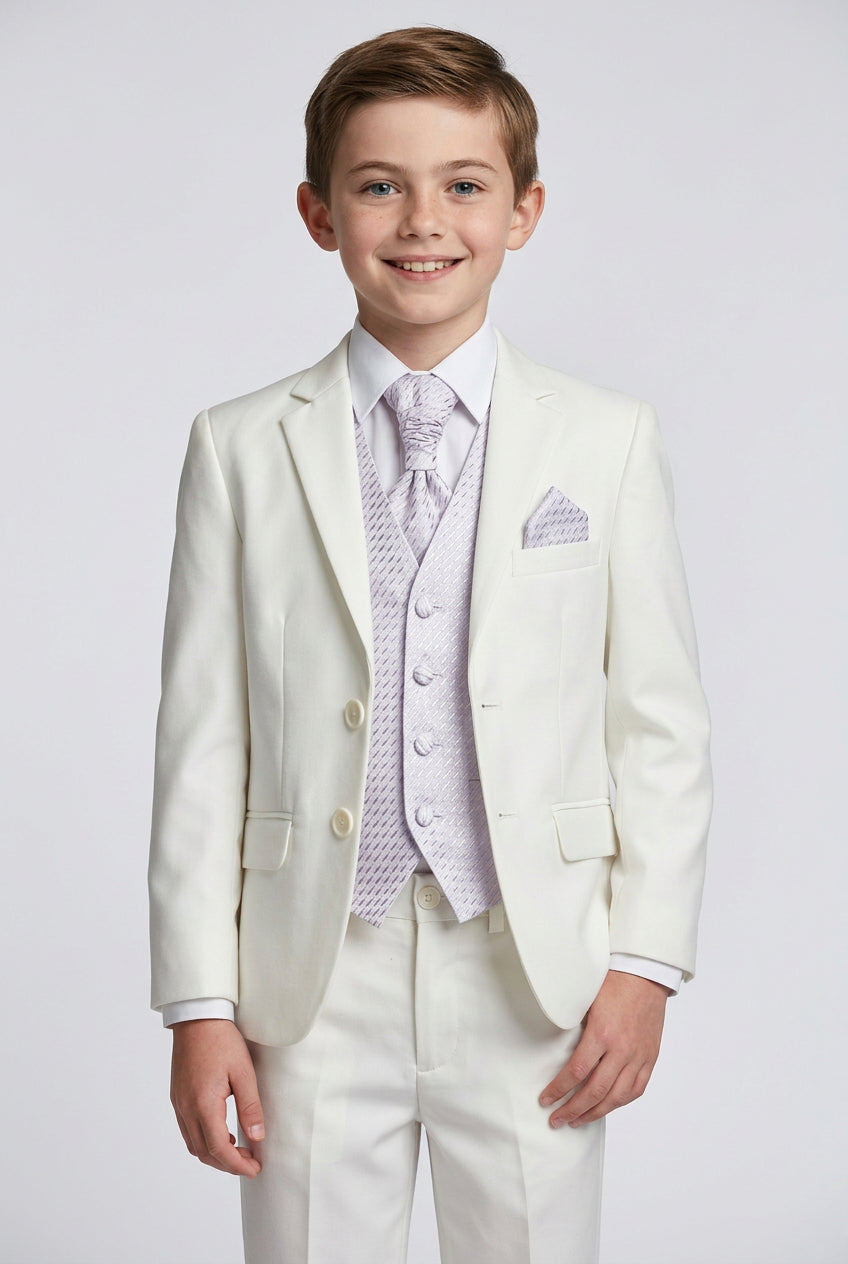 Traje de niño para boda y fiesta, opción de chaleco 5 piezas - Crema - Lila