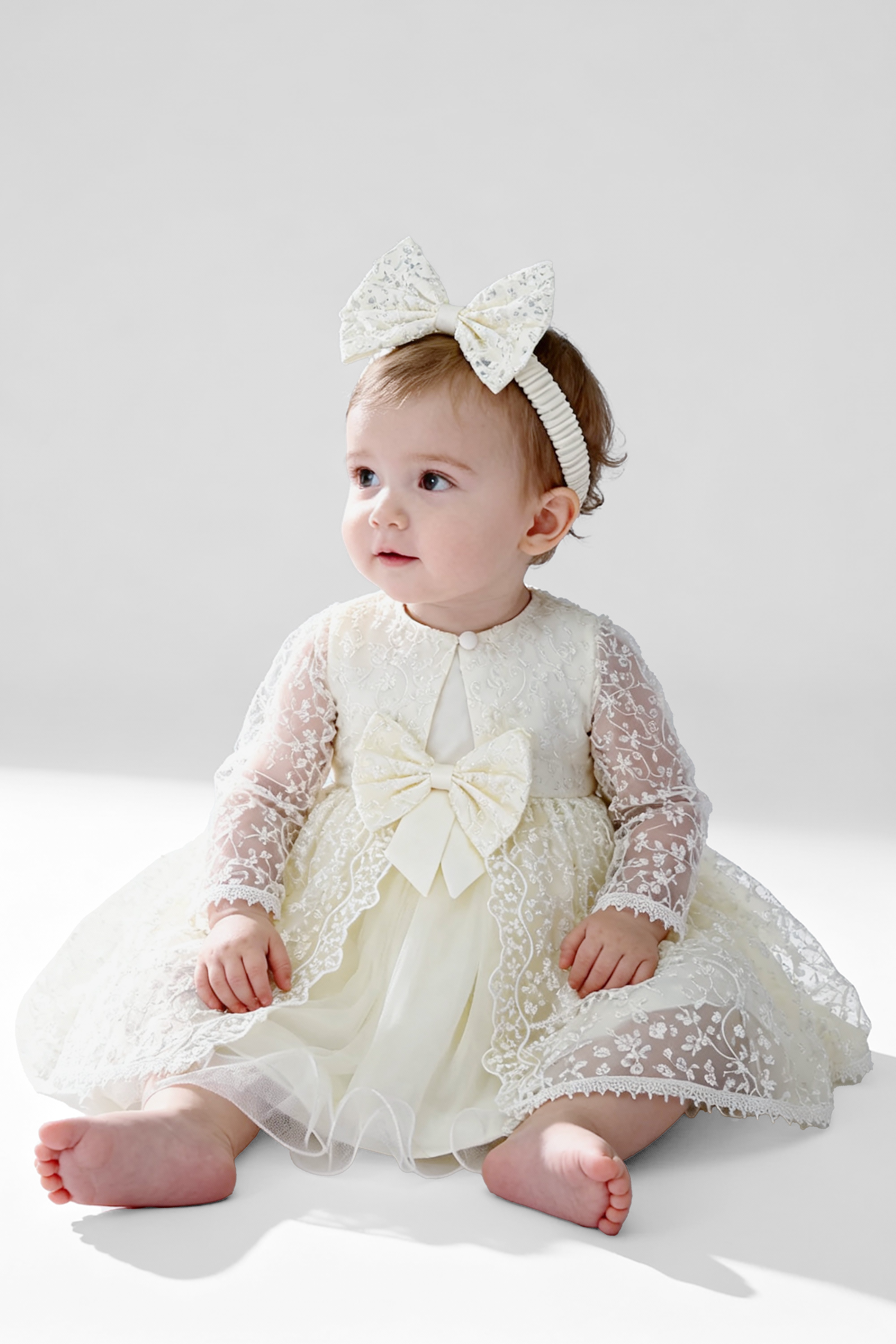 Baby Girl Dress with Lace Overlay Jacket - B1201 - Ivory Model Picture