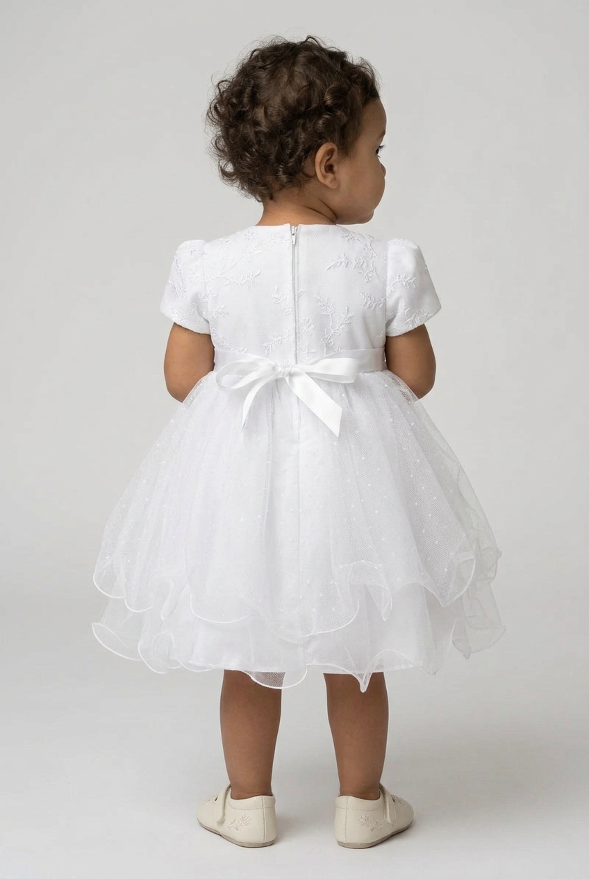 Robe en tulle à manches ballon pour bébé fille – B1038 – Blanche