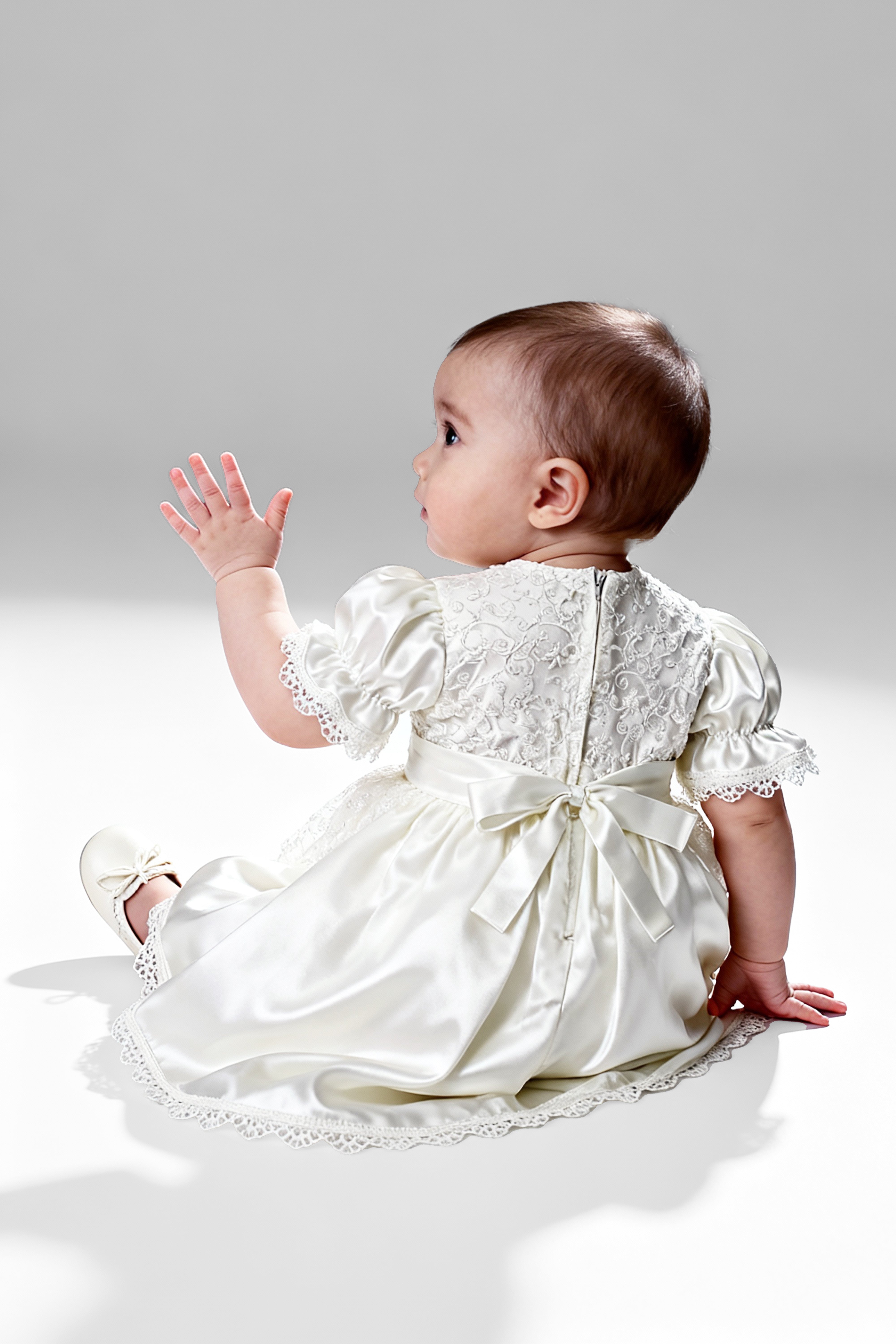 Baby Girls Floral Lace Tulle Dress Set – B1208 - Ivory Back Picture