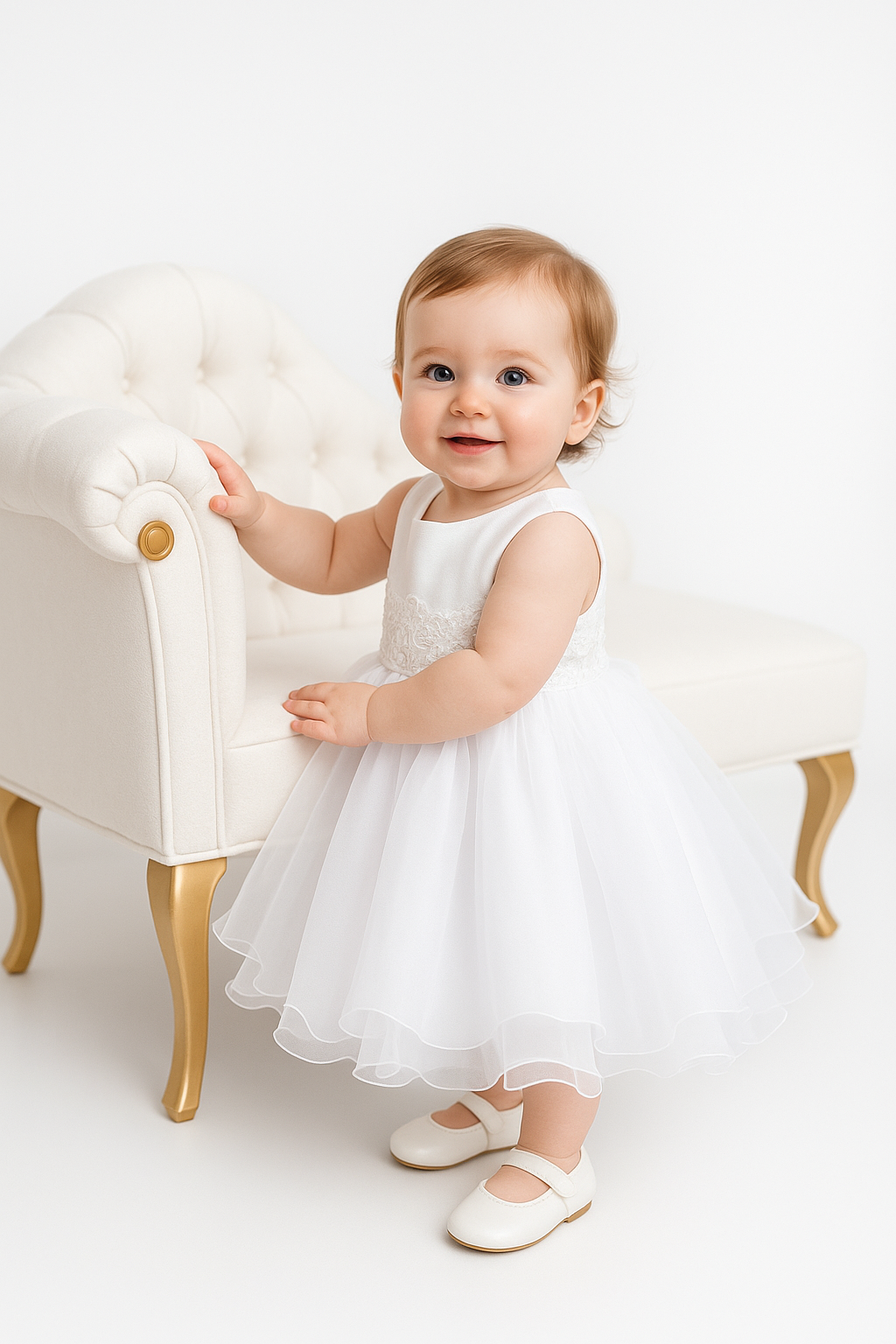 Robe de Baptême sans Manches à Fleurs pour Fillettes - Blanc