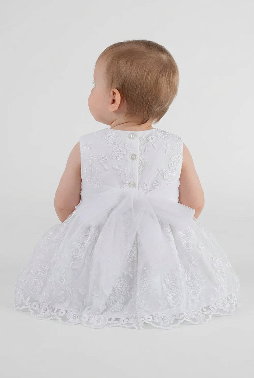 Baby Mädchen Spitzen Schleifen Kleid Set – B1202 - Weiß