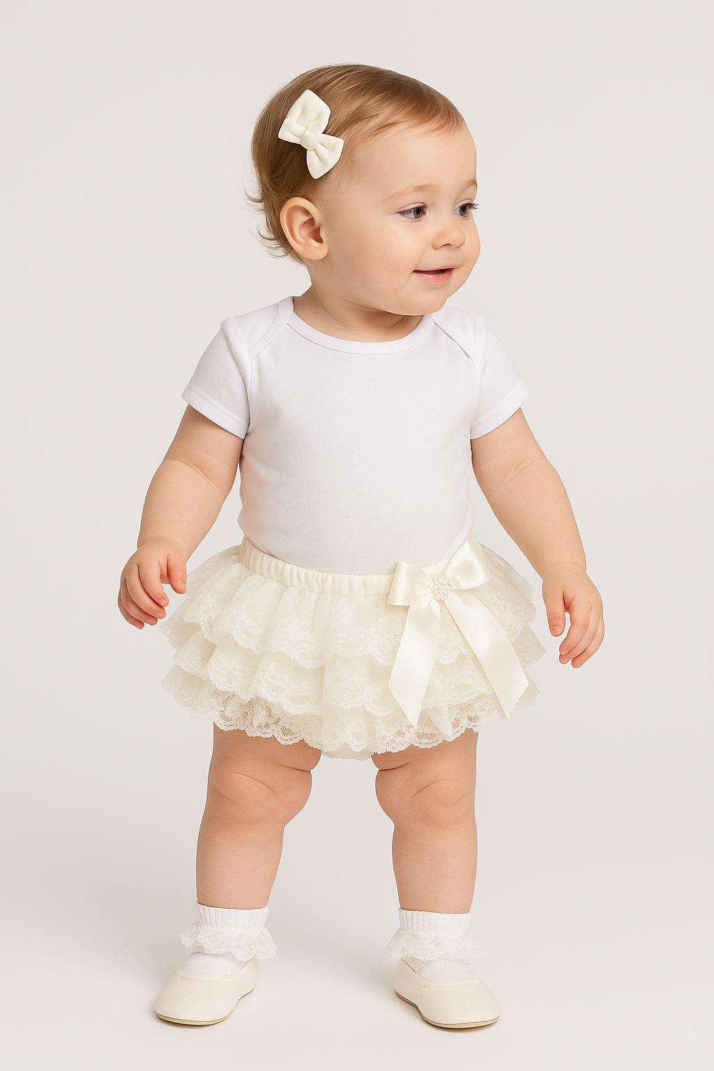 Baby Girls Ruffled Lace bloomers - Ivory Model Picture